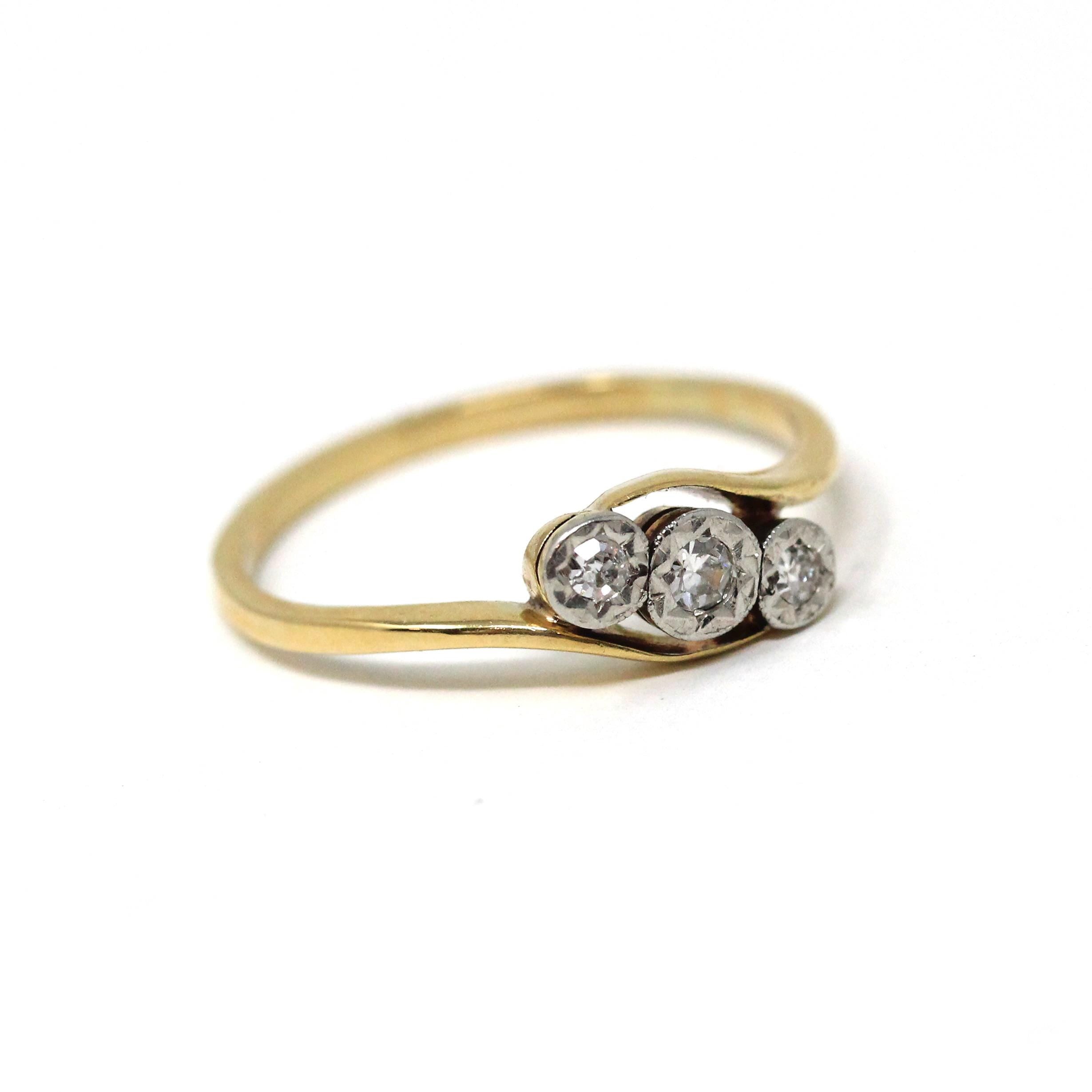 Three Stone Ring - MidCentury 18k Yellow Gold & Platinum Diamond Bypass - Vintage Circa 1940s Era Size 7 Engagement Anniversary Fine Jewelry