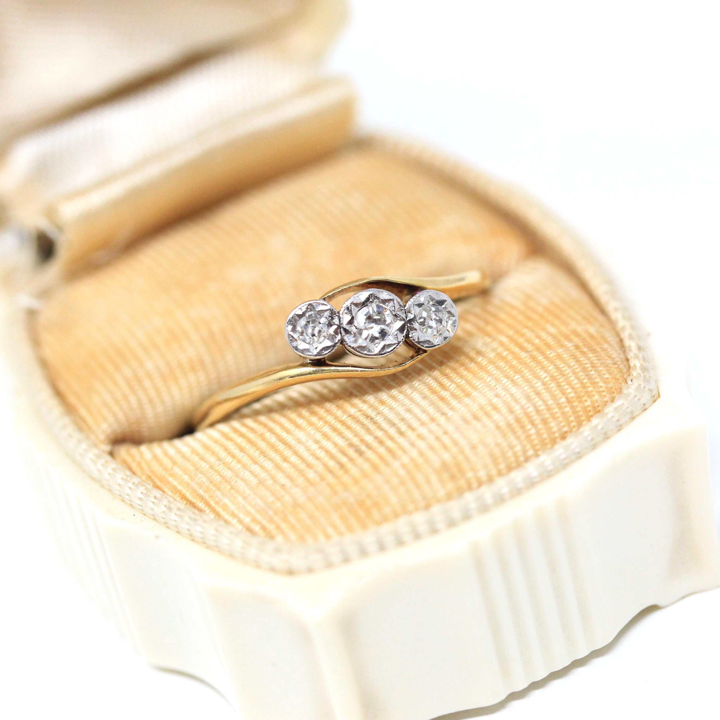 Three Stone Ring - MidCentury 18k Yellow Gold & Platinum Diamond Bypass - Vintage Circa 1940s Era Size 7 Engagement Anniversary Fine Jewelry
