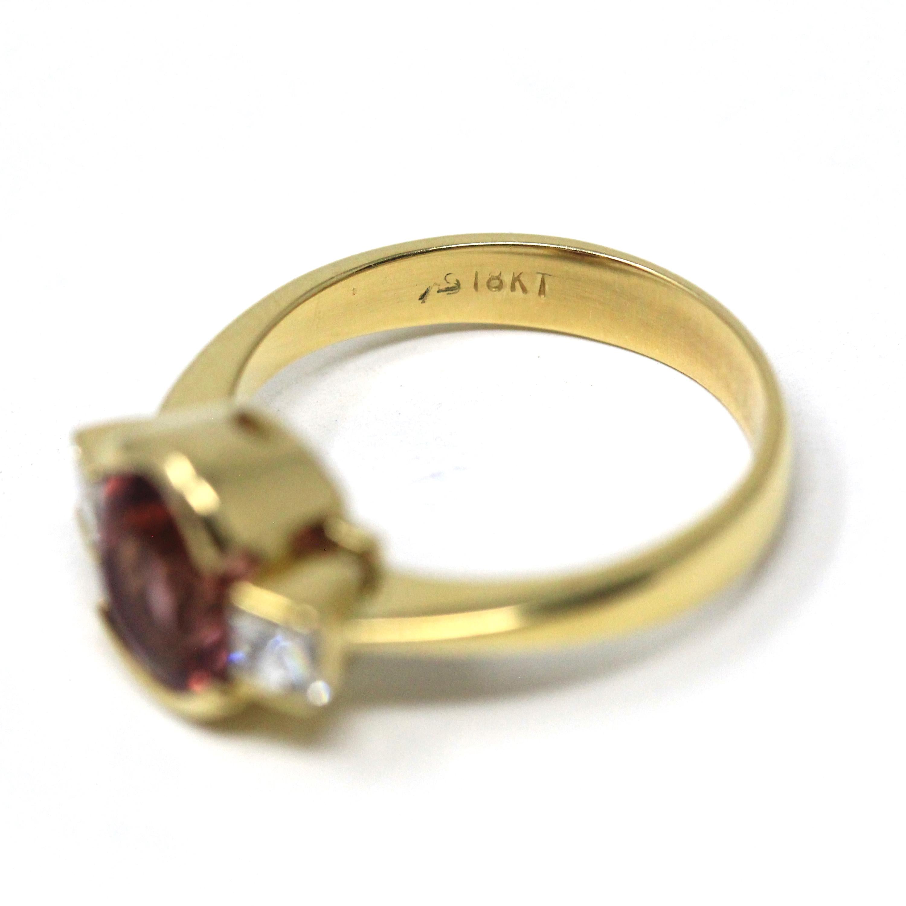 Natural Pink Topaz Ring - Estate 18k Yellow Gold Three Stone .28 CTW Accented Half Bezel Ring - Modern Circa 2000s Era Size 6 Fine Jewelry