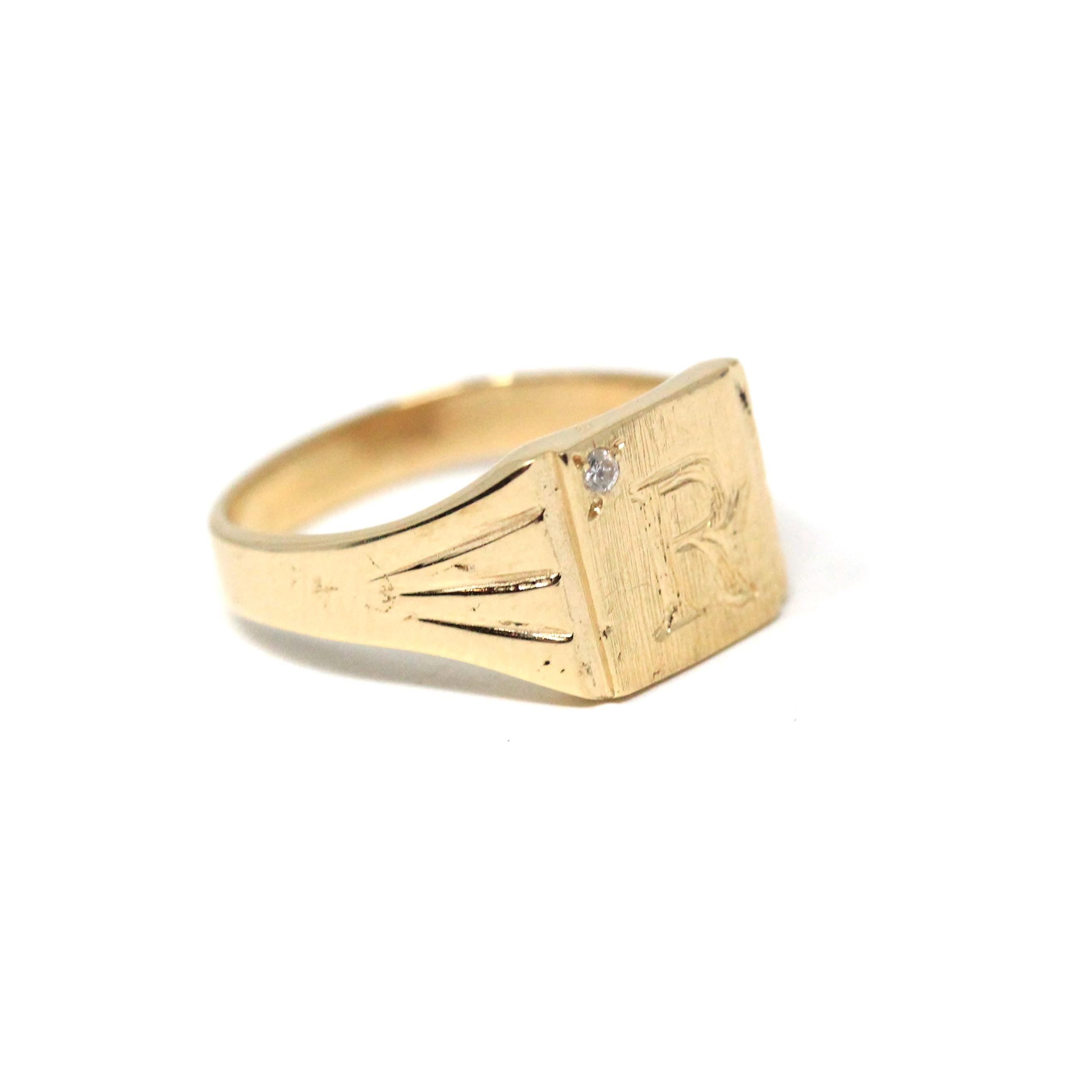 Diamond "R" Signet Ring - Mid Century 14k Yellow Gold Engraved Letter Initial .01 CT Accent - Vintage Circa 1950s Era Size 4.25 Fine Jewelry