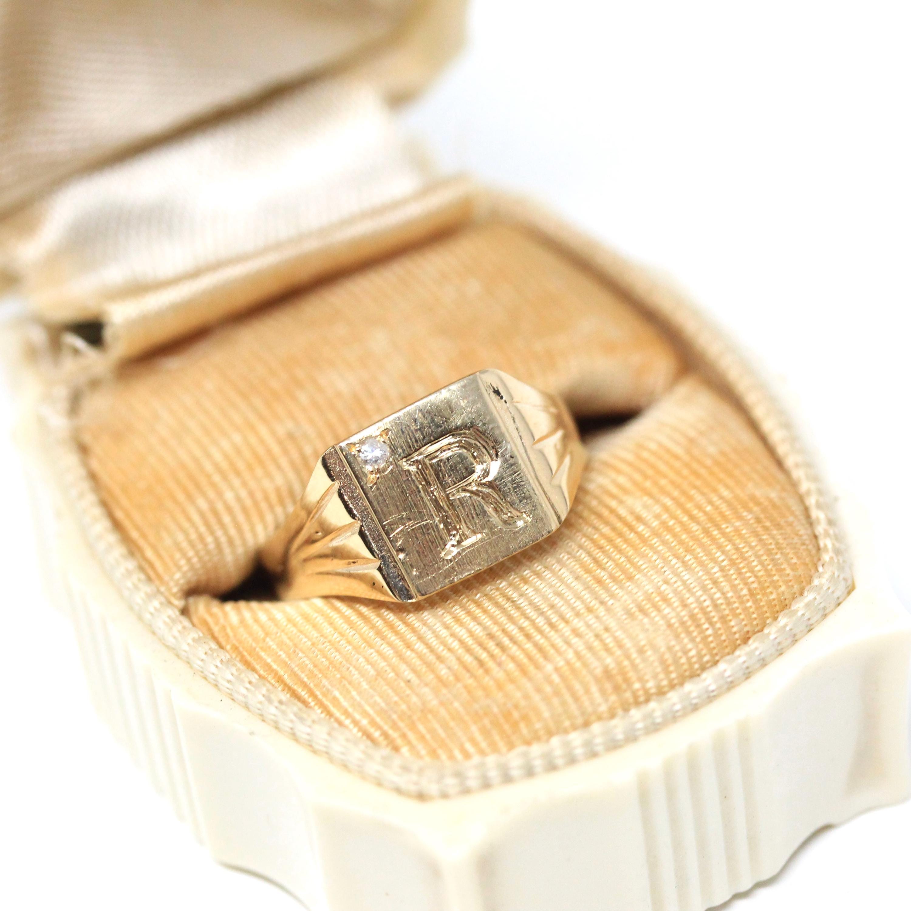 Diamond "R" Signet Ring - Mid Century 14k Yellow Gold Engraved Letter Initial .01 CT Accent - Vintage Circa 1950s Era Size 4.25 Fine Jewelry
