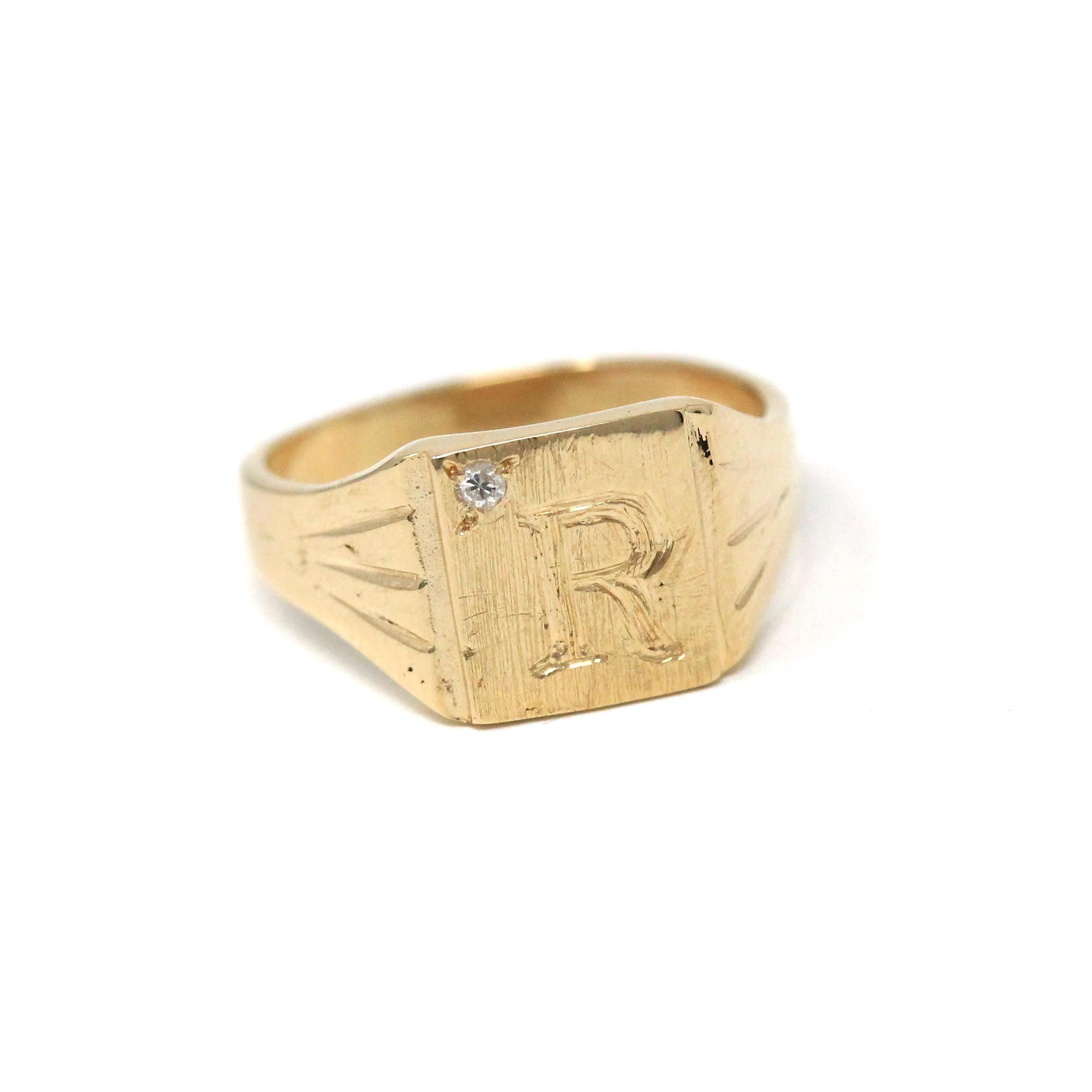 Diamond "R" Signet Ring - Mid Century 14k Yellow Gold Engraved Letter Initial .01 CT Accent - Vintage Circa 1950s Era Size 4.25 Fine Jewelry