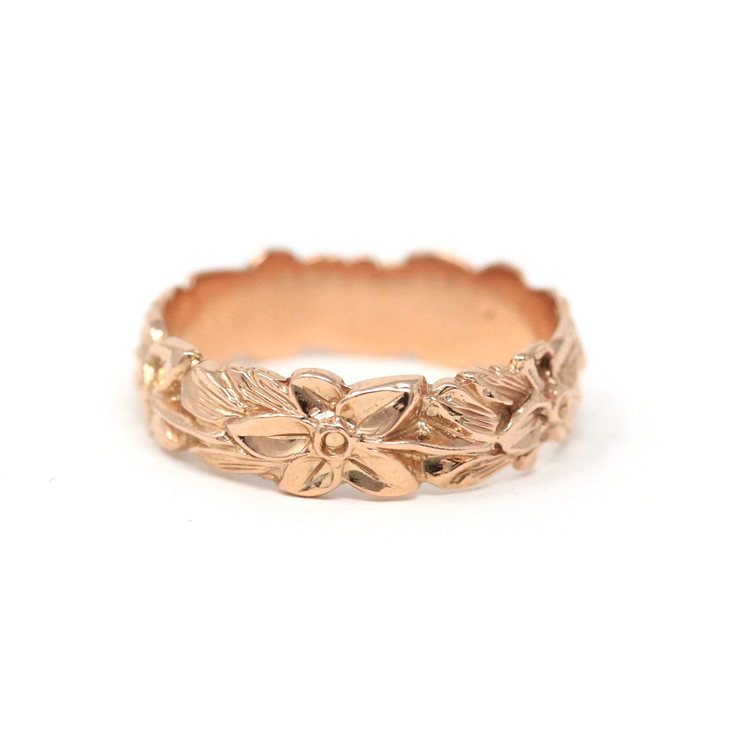 Modern Flower Band - Estate Era 14k Rose Gold Floral Unisex Stacking Wedding Ring - Circa 2000s Size 7 Nature Inspired Fine Floral Jewelry
