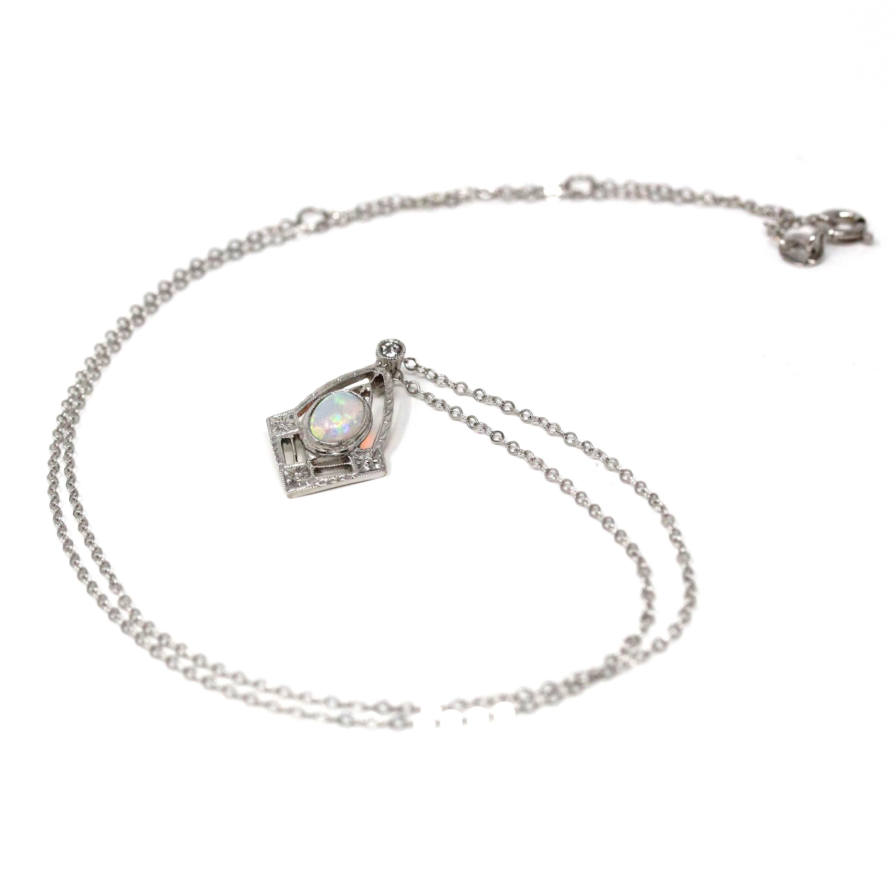 Art Deco Charm - Vintage 14k White Gold Natural Opal Diamond Pendant Necklace - Circa 1930s Era Stick Pin Conversion Fine Statement Jewelry
