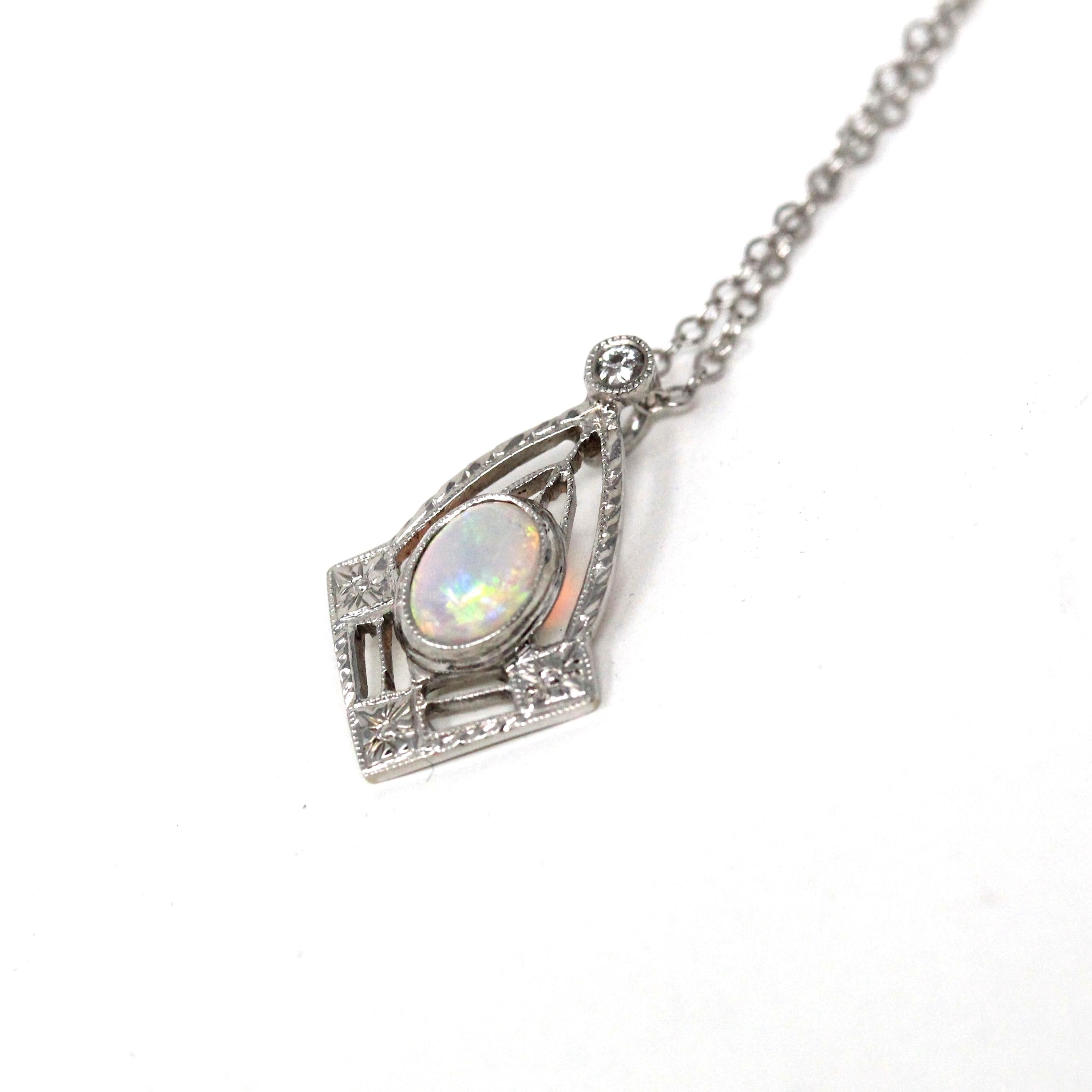 Art Deco Charm - Vintage 14k White Gold Natural Opal Diamond Pendant Necklace - Circa 1930s Era Stick Pin Conversion Fine Statement Jewelry