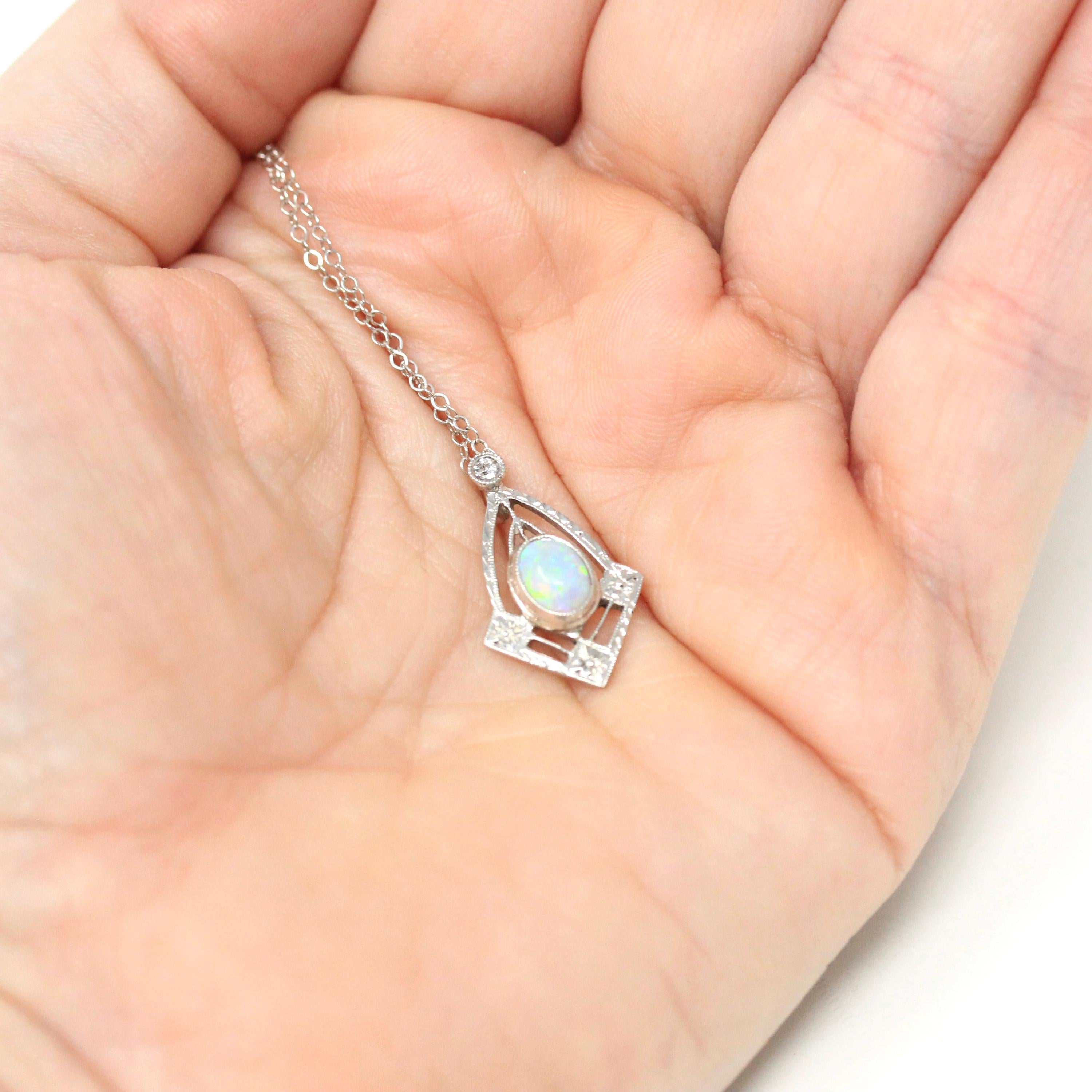 Art Deco Charm - Vintage 14k White Gold Natural Opal Diamond Pendant Necklace - Circa 1930s Era Stick Pin Conversion Fine Statement Jewelry