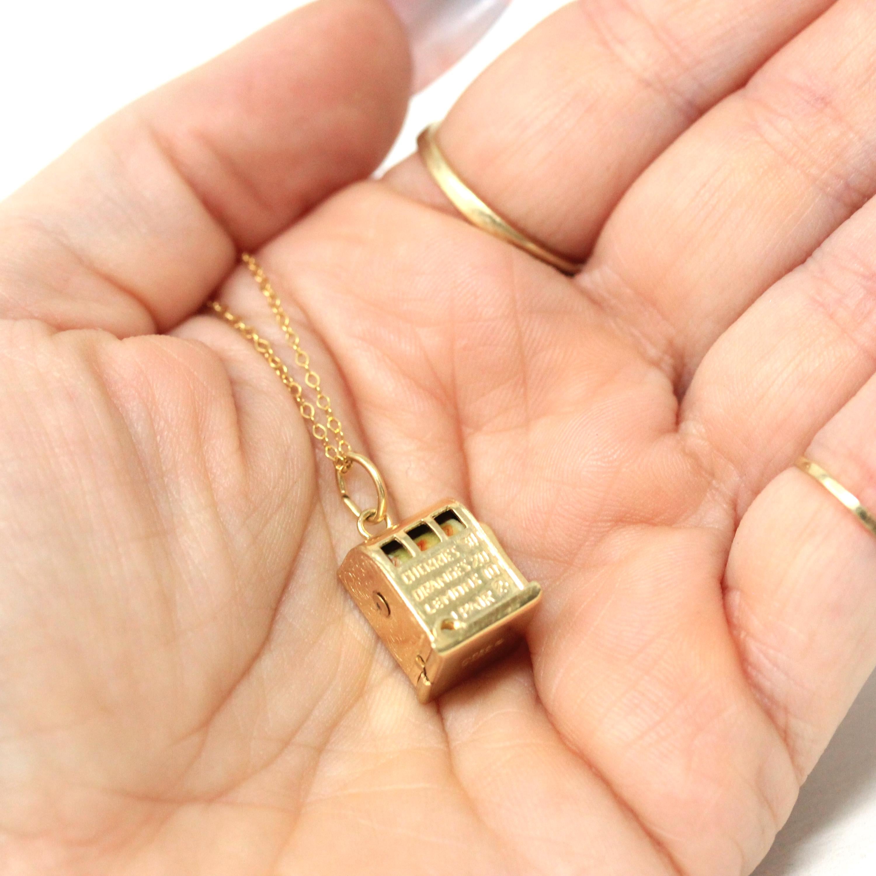 Vintage Slot Machine Charm - Retro 14k Yellow Gold Moveable 3-D Pendant Necklace - Circa 1960s Fruit Gambling Figural Betting Fine Jewelry