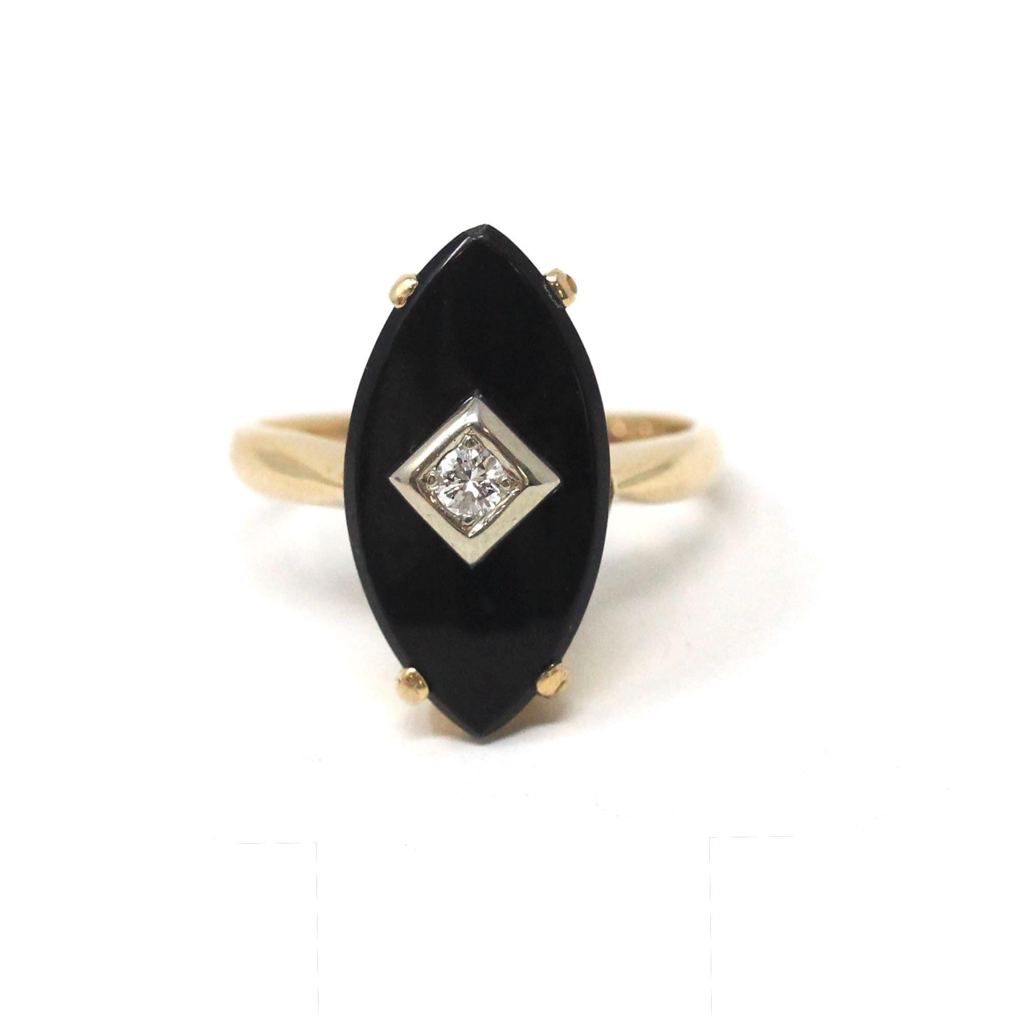 Vintage Onyx Ring - Retro 14k Yellow Gold Navette Marquise Black Chalcedony Gemstone - Circa 1960s Size 4 1/4 Natural Diamond Fine Jewelry