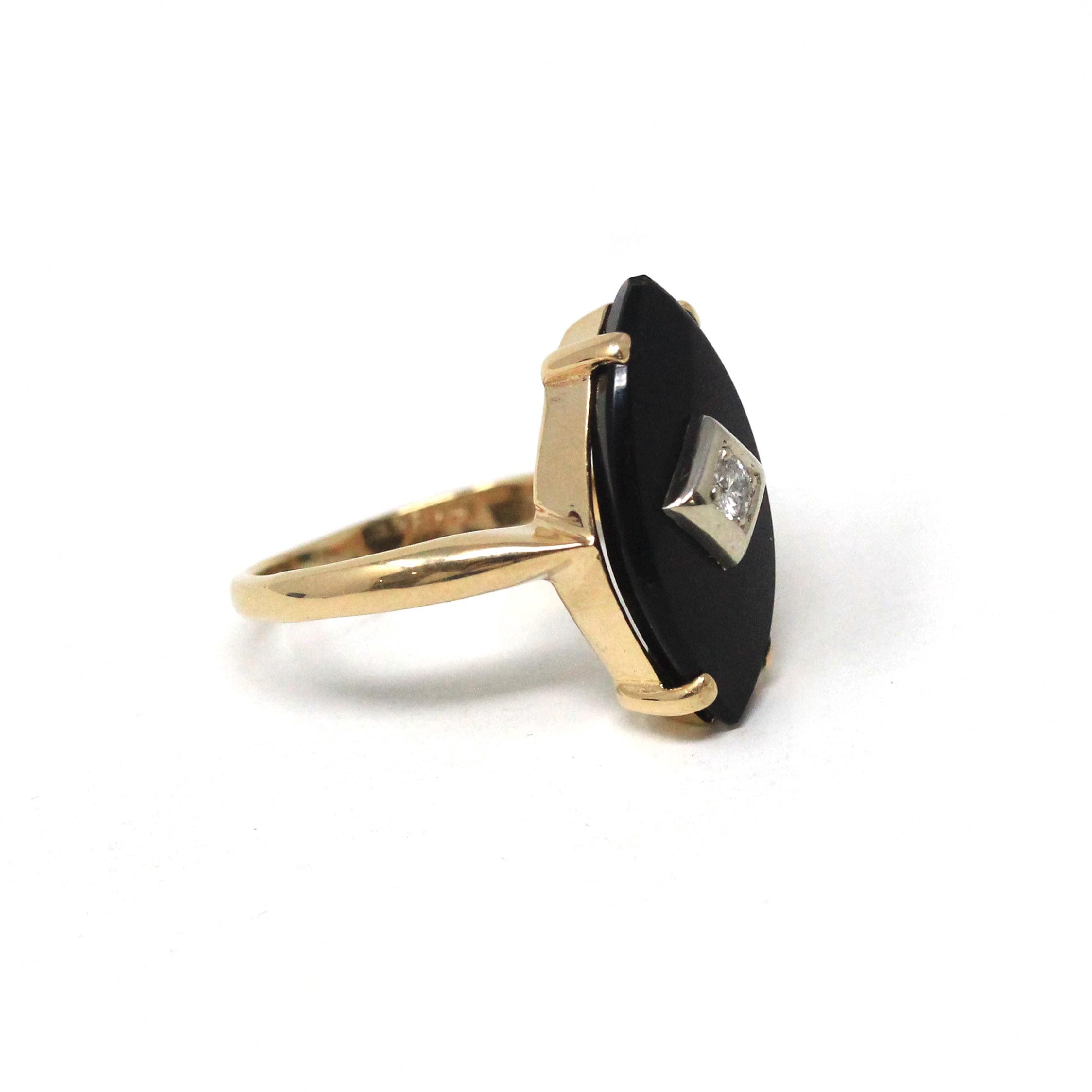 Vintage Onyx Ring - Retro 14k Yellow Gold Navette Marquise Black Chalcedony Gemstone - Circa 1960s Size 4 1/4 Natural Diamond Fine Jewelry