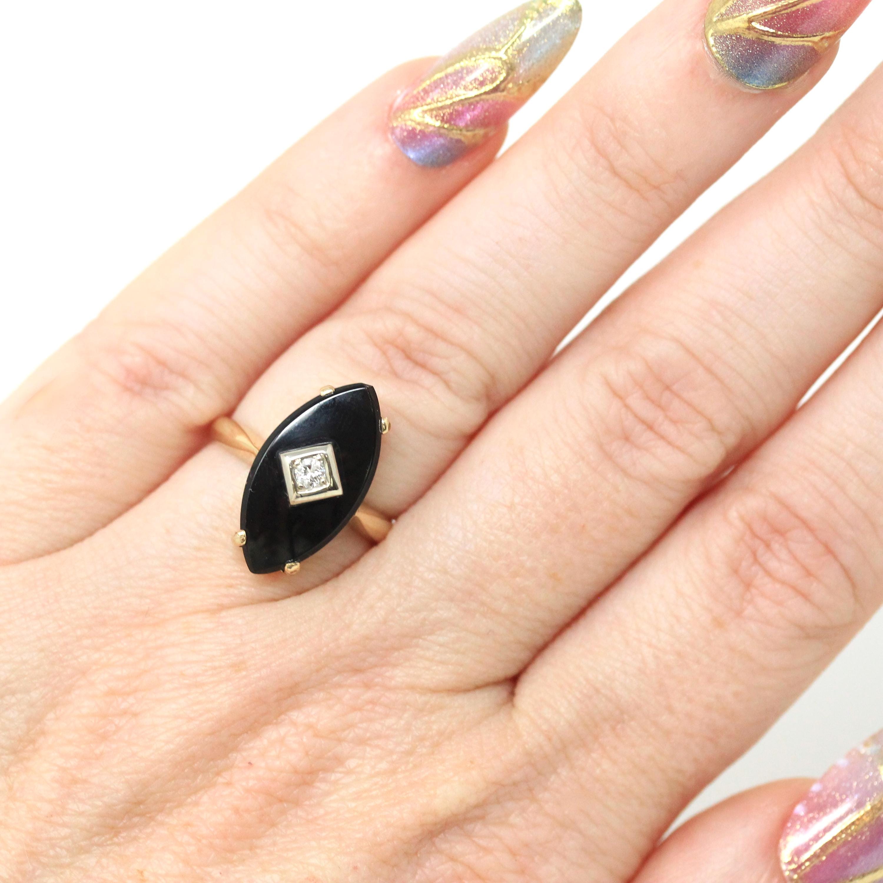 Vintage Onyx Ring - Retro 14k Yellow Gold Navette Marquise Black Chalcedony Gemstone - Circa 1960s Size 4 1/4 Natural Diamond Fine Jewelry