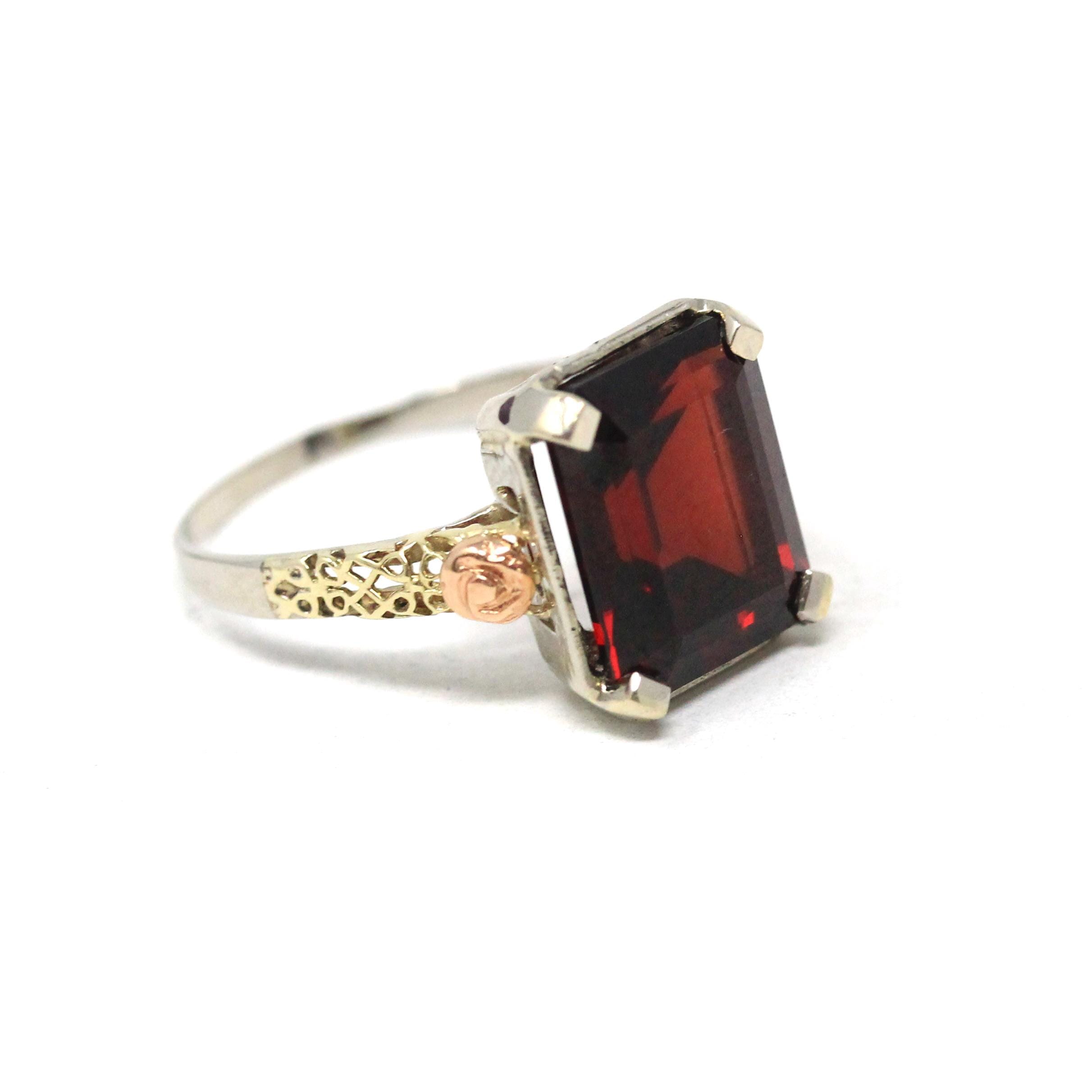 Vintage Garnet Ring - Art Deco 14k White Rose Gold Rectangular Dark Red Gemstone - Circa 1930s Era Size 6 1/2 Tricolor Flower Fine Jewelry