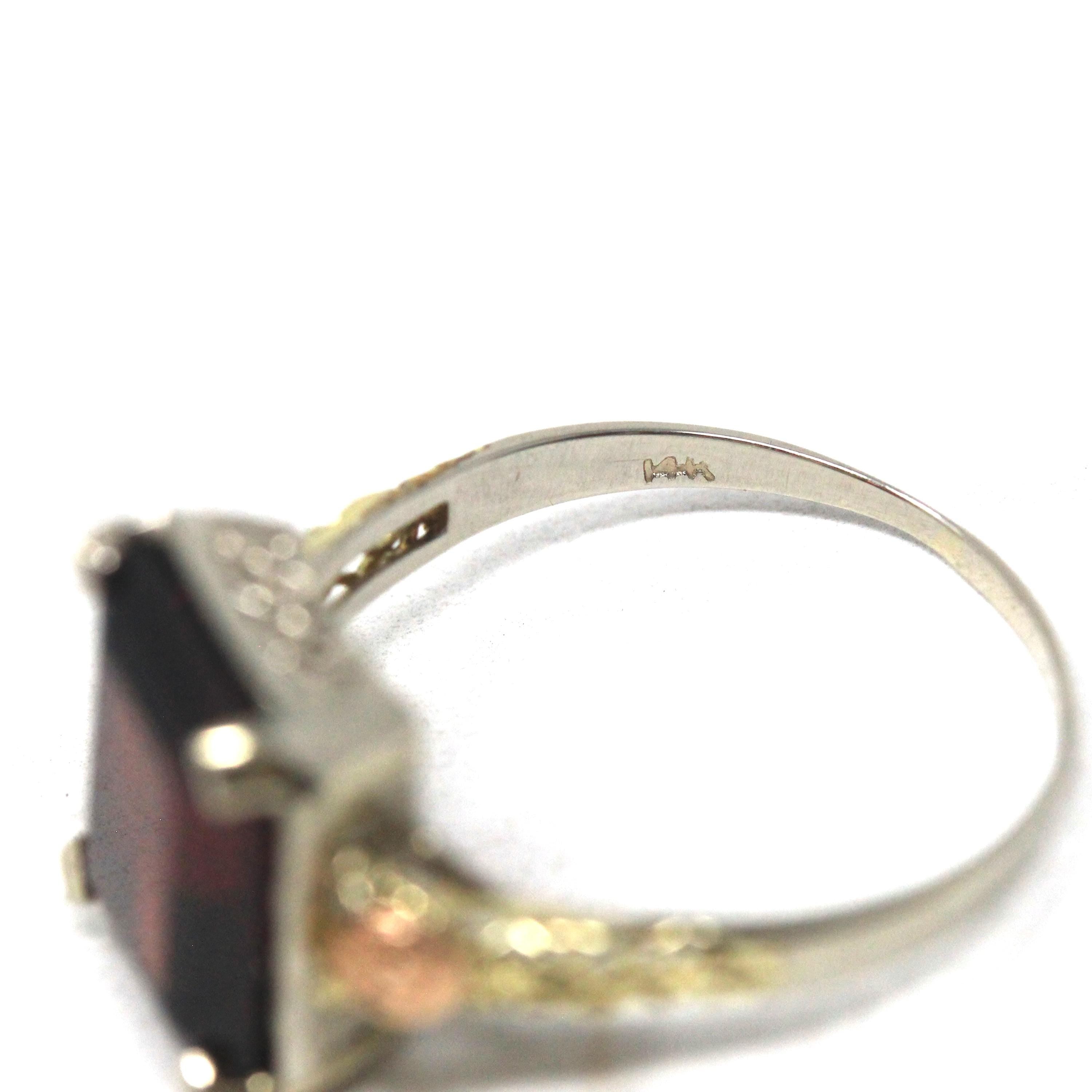 Vintage Garnet Ring - Art Deco 14k White Rose Gold Rectangular Dark Red Gemstone - Circa 1930s Era Size 6 1/2 Tricolor Flower Fine Jewelry