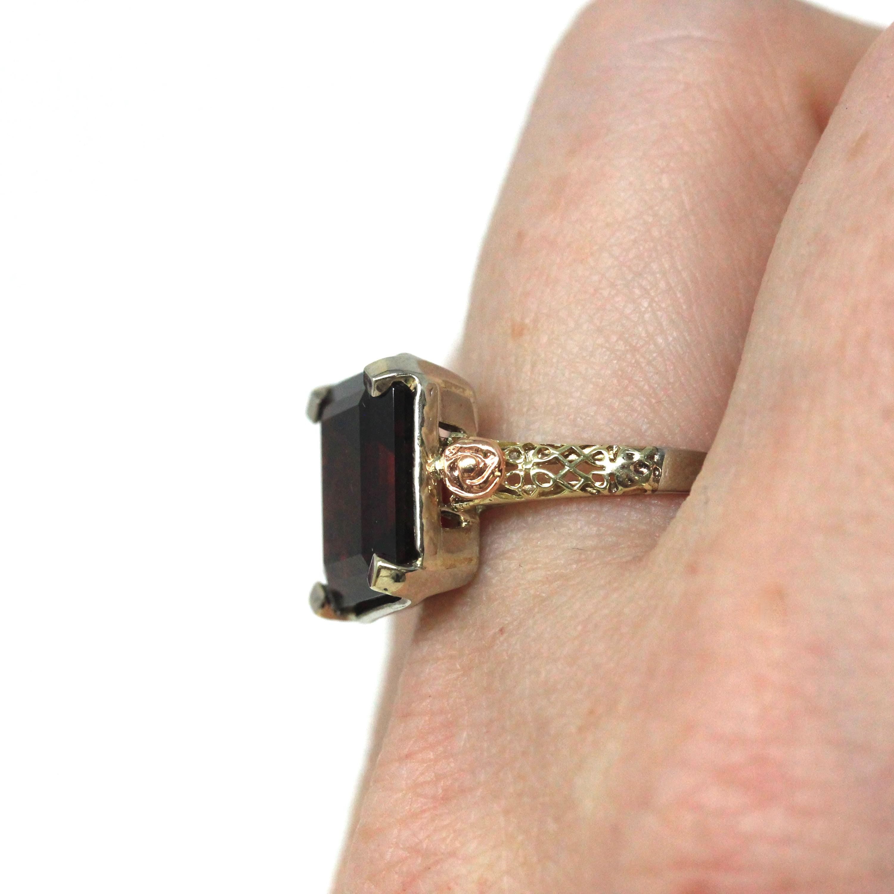 Vintage Garnet Ring - Art Deco 14k White Rose Gold Rectangular Dark Red Gemstone - Circa 1930s Era Size 6 1/2 Tricolor Flower Fine Jewelry
