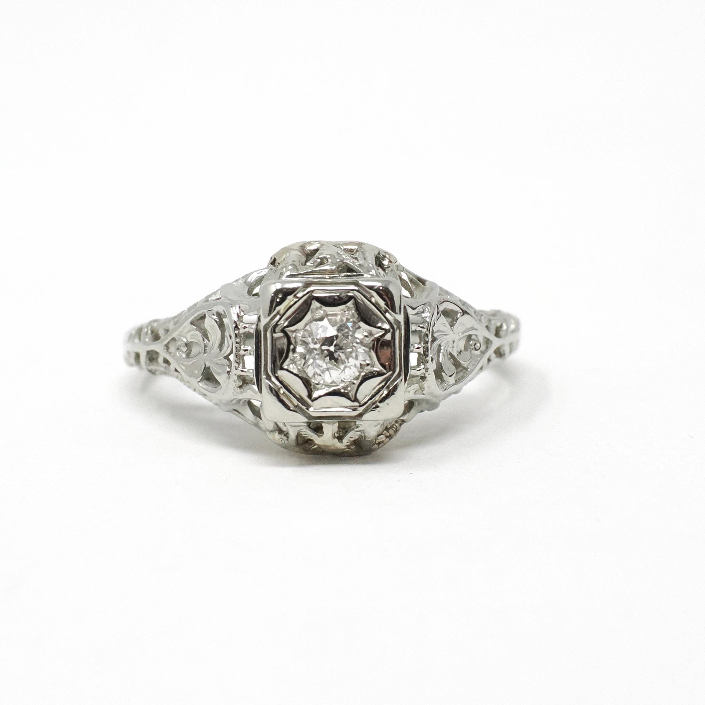 Vintage Diamond Ring - Art Deco 18k White Gold Natural Square Solitaire Engagement - Circa 1930s Era Size 4 3/4 Filigree Star Fine Jewelry