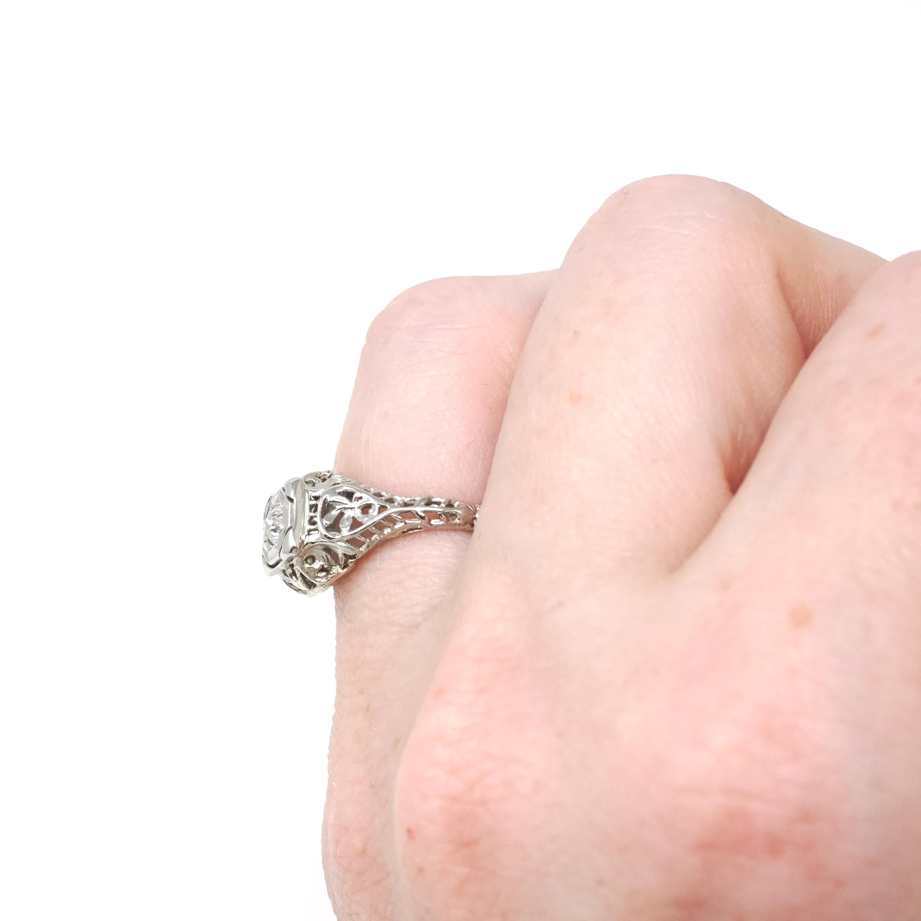 Vintage Diamond Ring - Art Deco 18k White Gold Natural Square Solitaire Engagement - Circa 1930s Era Size 4 3/4 Filigree Star Fine Jewelry
