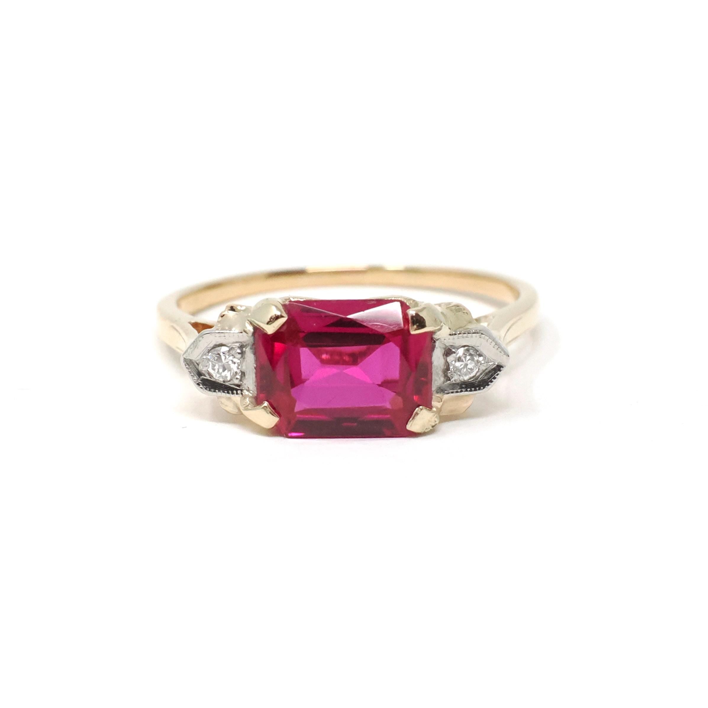 Created Ruby Ring - Vintage 14k Yellow Gold & Palladium Pinkish Red Gemstone Diamond Accents - Circa 1940s Era Size 7 Fine Two Tone Jewelry