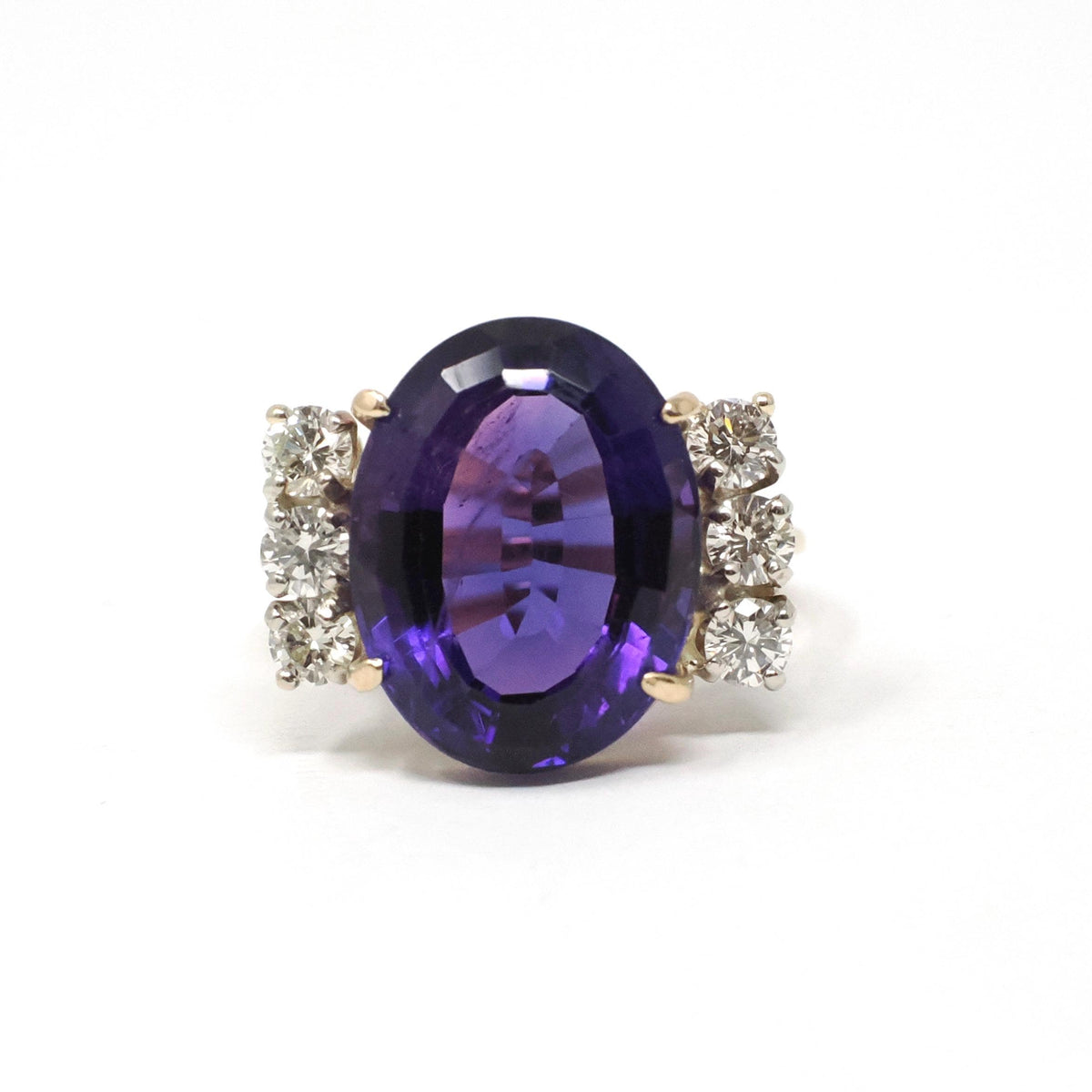 Amethyst & Diamond Ring - Retro 14k Yellow Gold Purple 7 CT Gemstone - Circa 1970s Era Size 5 1/2 February Birthstone Fine Statement Jewelry