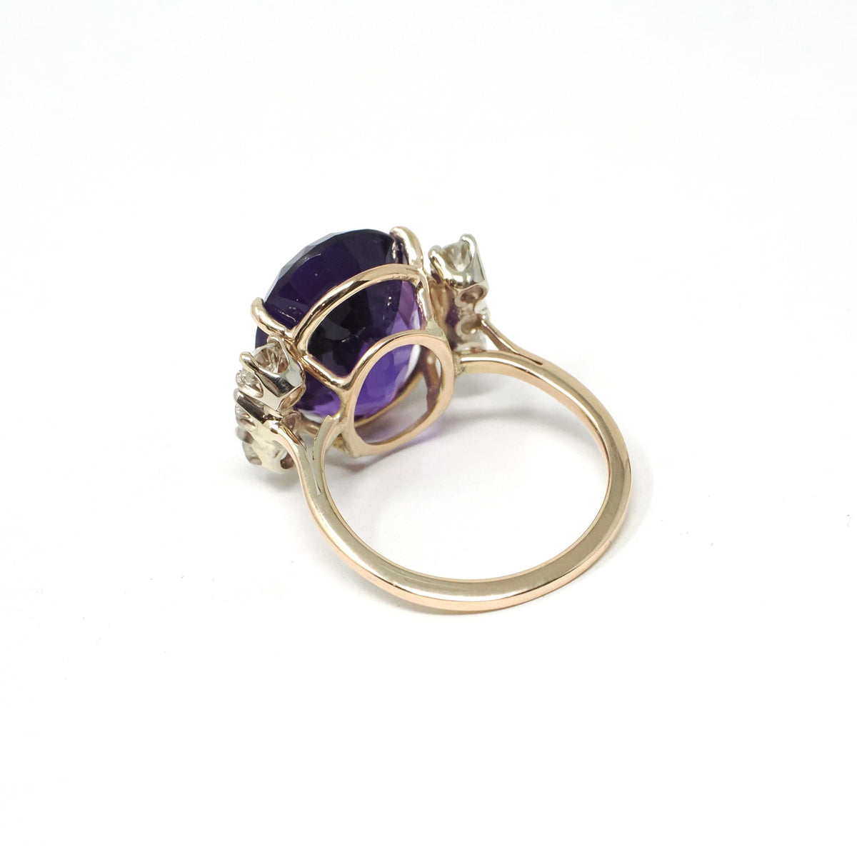 Amethyst & Diamond Ring - Retro 14k Yellow Gold Purple 7 CT Gemstone - Circa 1970s Era Size 5 1/2 February Birthstone Fine Statement Jewelry