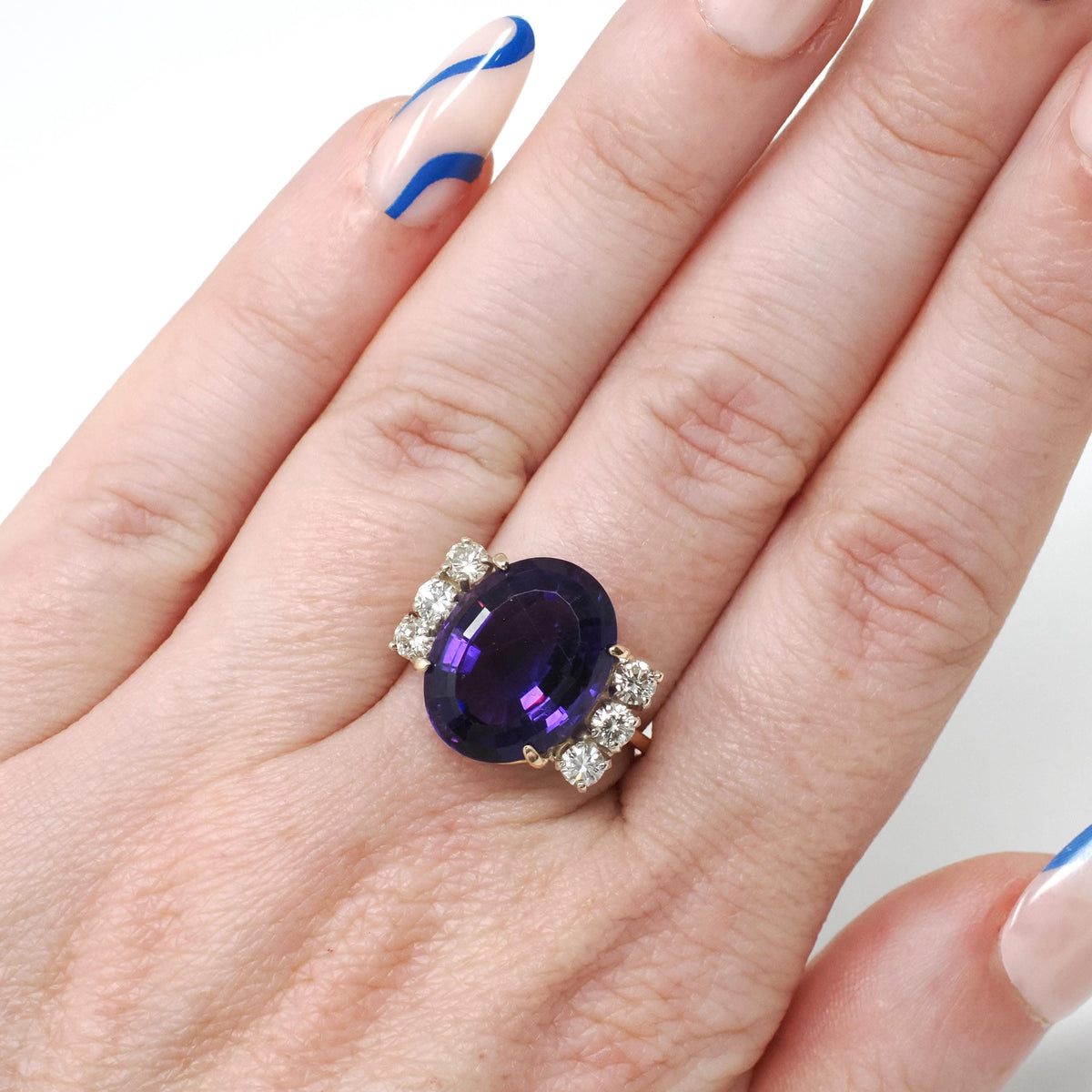 Amethyst & Diamond Ring - Retro 14k Yellow Gold Purple 7 CT Gemstone - Circa 1970s Era Size 5 1/2 February Birthstone Fine Statement Jewelry