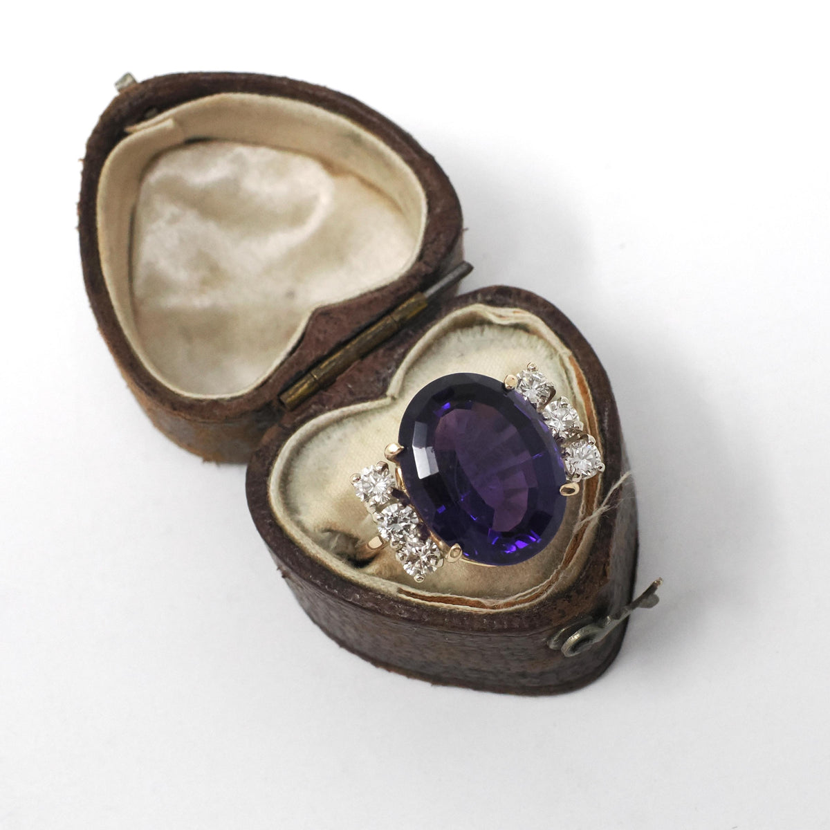 Amethyst & Diamond Ring - Retro 14k Yellow Gold Purple 7 CT Gemstone - Circa 1970s Era Size 5 1/2 February Birthstone Fine Statement Jewelry