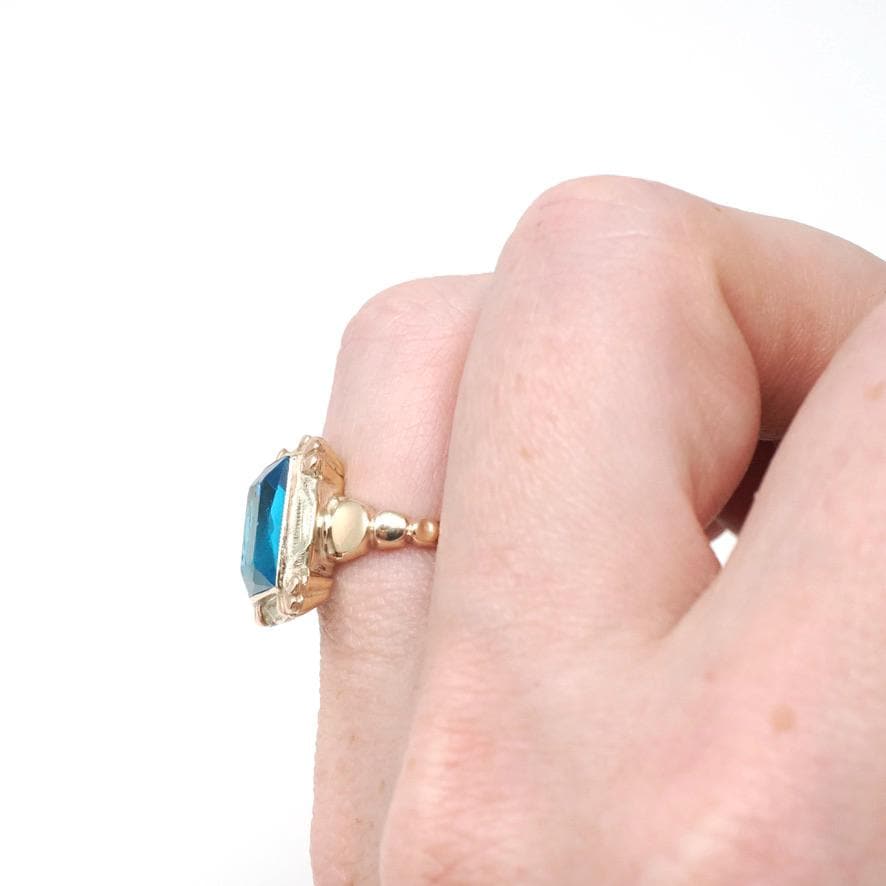 Vintage Glass Ring - Mid Century Era 10k Yellow & Rose Gold Simulated Gemstone Blue Glass - Circa 1940s Size 5 1/4 Fine Statement Jewelry