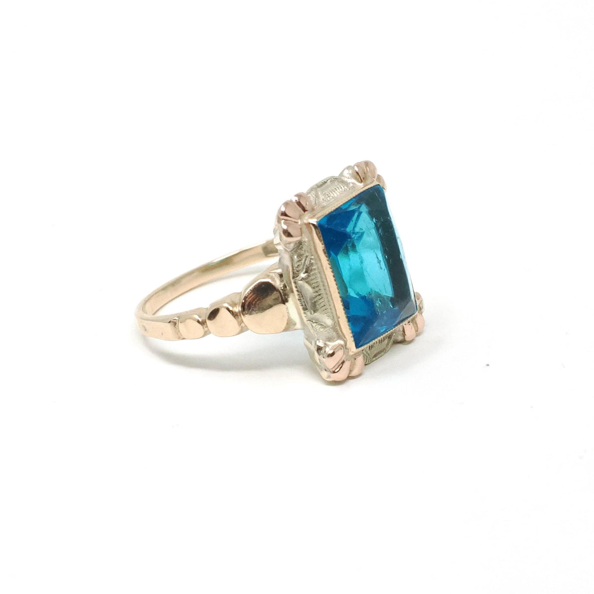 Vintage Glass Ring - Mid Century Era 10k Yellow & Rose Gold Simulated Gemstone Blue Glass - Circa 1940s Size 5 1/4 Fine Statement Jewelry