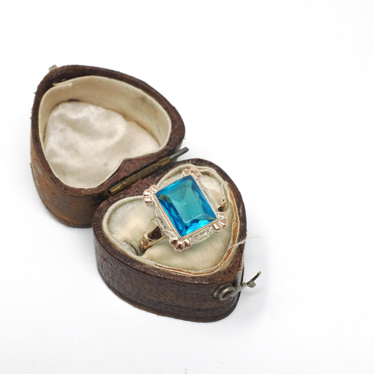 Vintage Glass Ring - Mid Century Era 10k Yellow & Rose Gold Simulated Gemstone Blue Glass - Circa 1940s Size 5 1/4 Fine Statement Jewelry