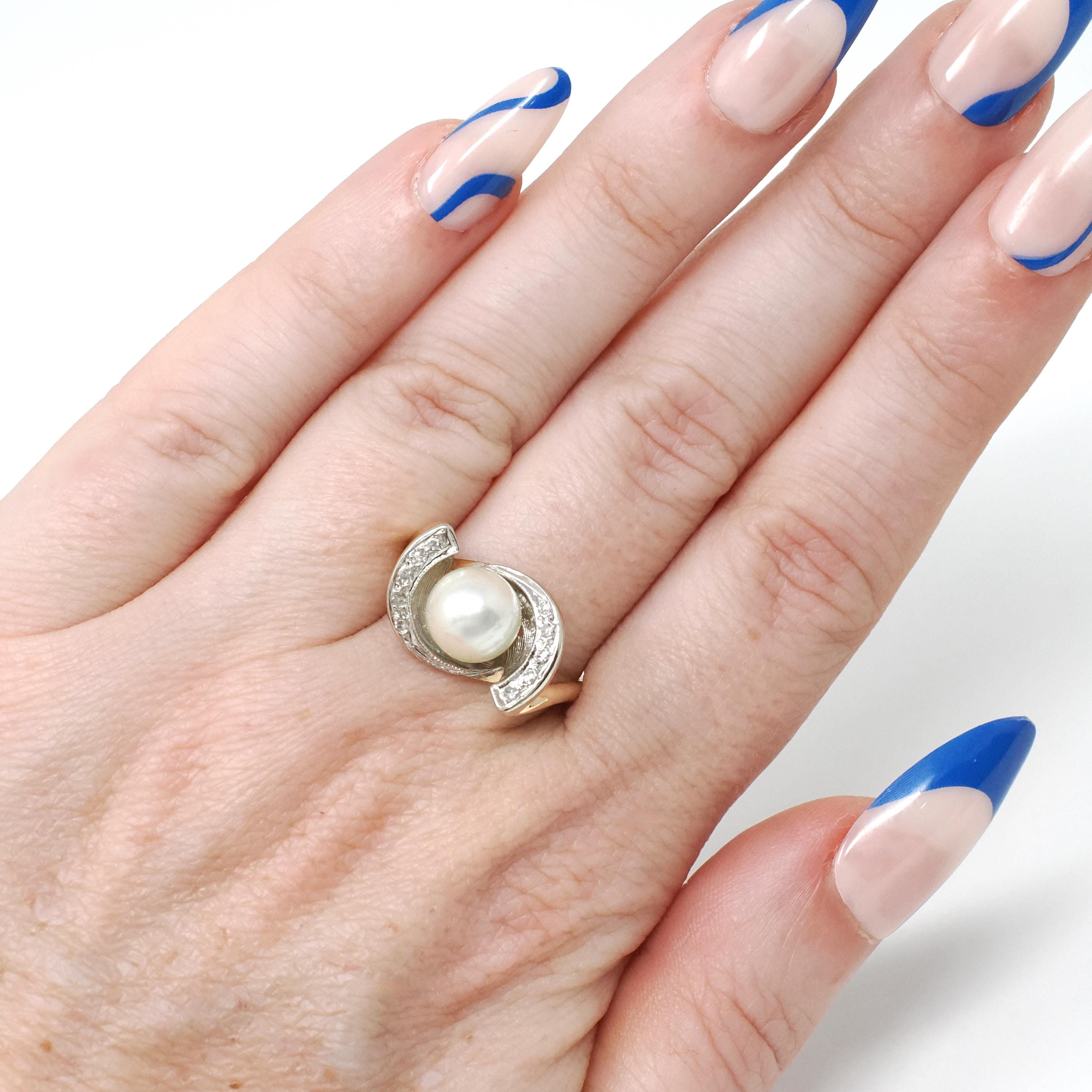 Pearl & Diamond Ring - Retro Era 14k Yellow And White Gold Natural Gemstones - Vintage Circa 1970s Era Size 6 3/4 Fine Statement Jewelry