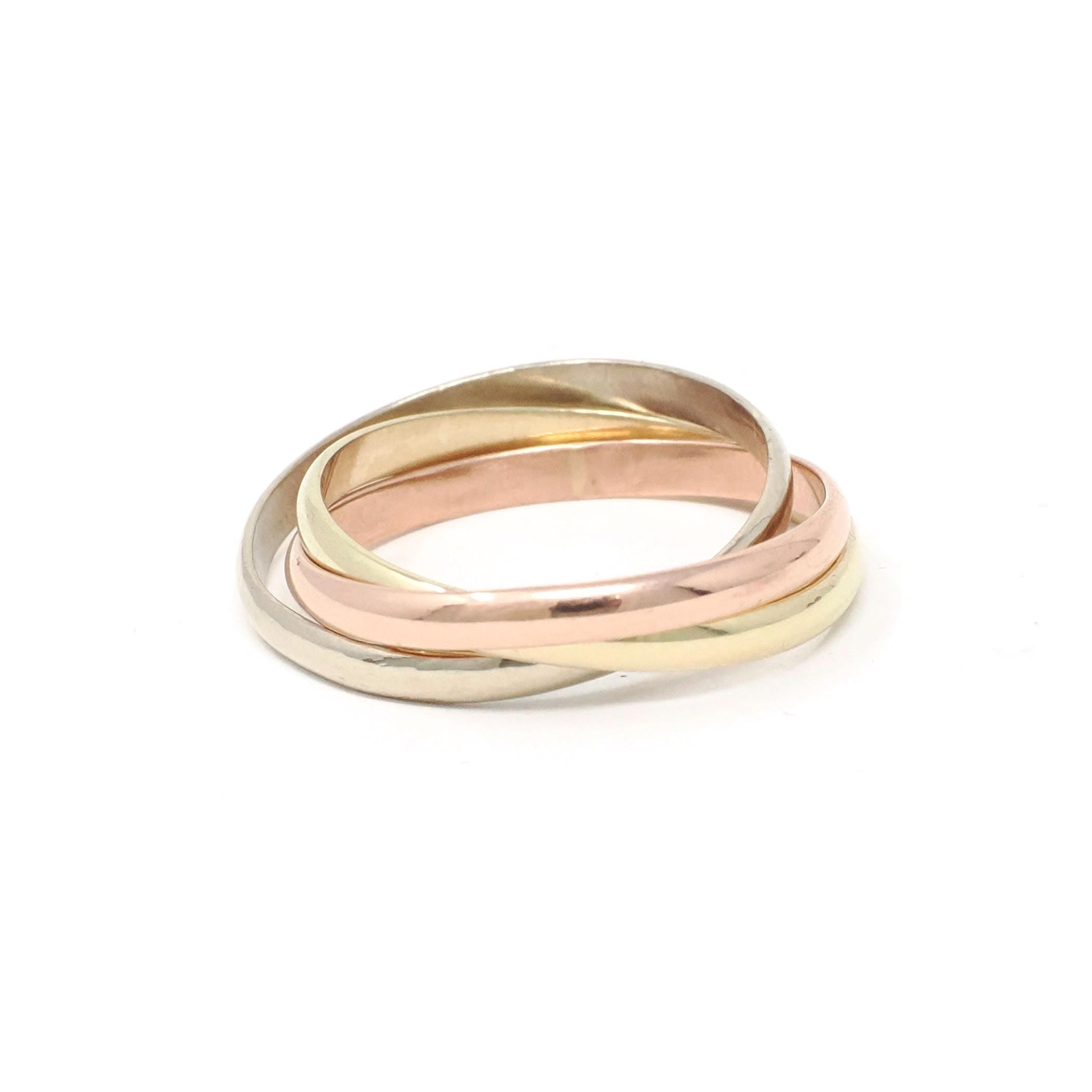 Rolling Trinity Ring - Modern 14k Yellow Rose & White Gold Three Interlocking Bands - Estate 1980s Size 5 Multi Tone Fine Statement Jewelry