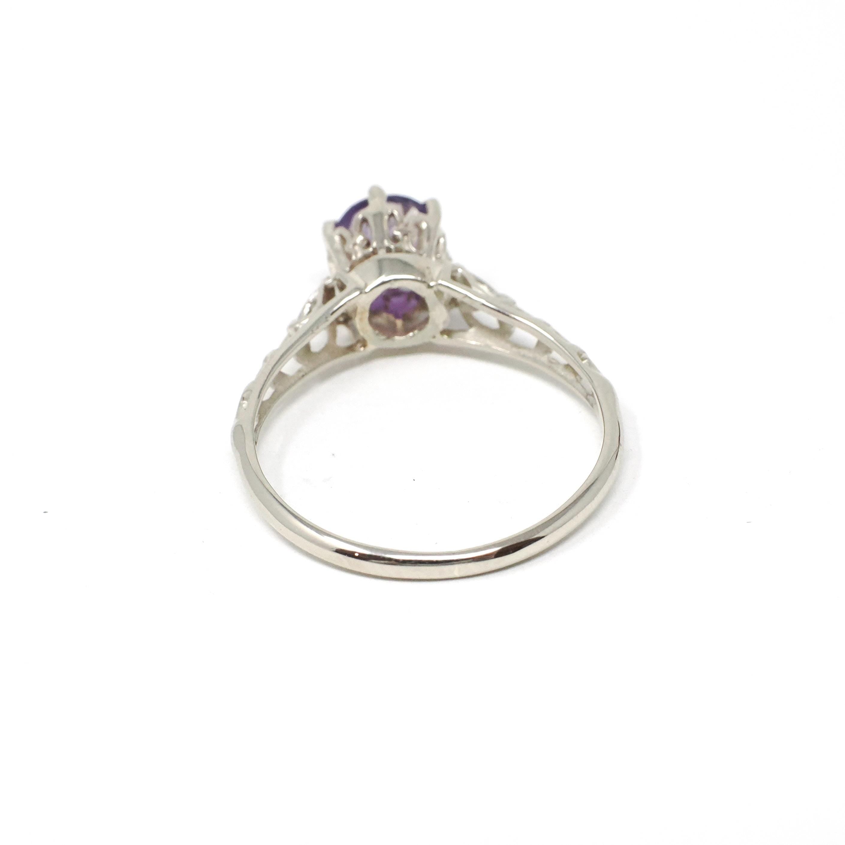 Vintage Amethyst Ring - Art Deco 10k White Gold Round Solitaire Gemstone Filigree - Circa 1930s Era Size 5 3/4 February Fine 30s Jewelry