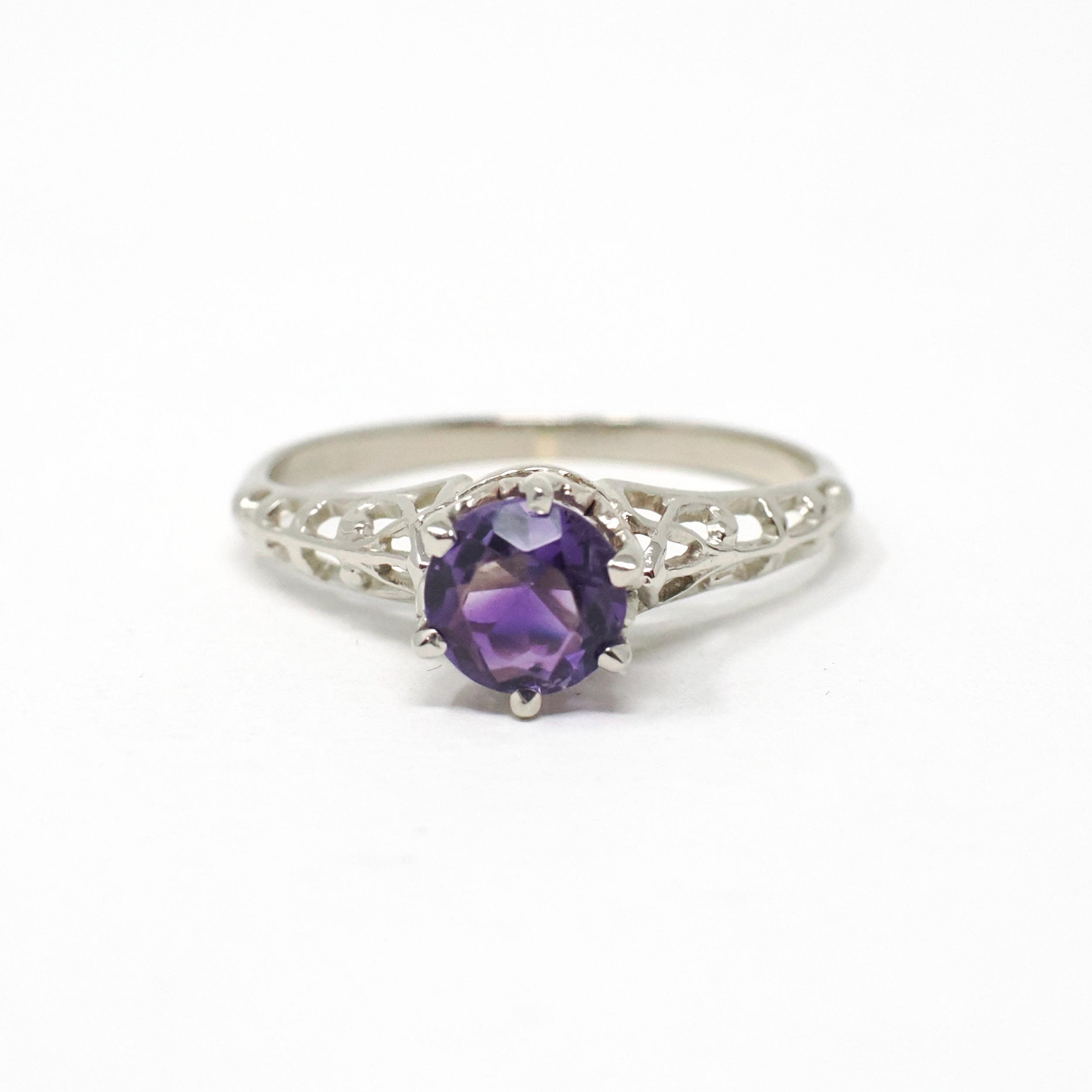 Vintage Amethyst Ring - Art Deco 10k White Gold Round Solitaire Gemstone Filigree - Circa 1930s Era Size 5 3/4 February Fine 30s Jewelry