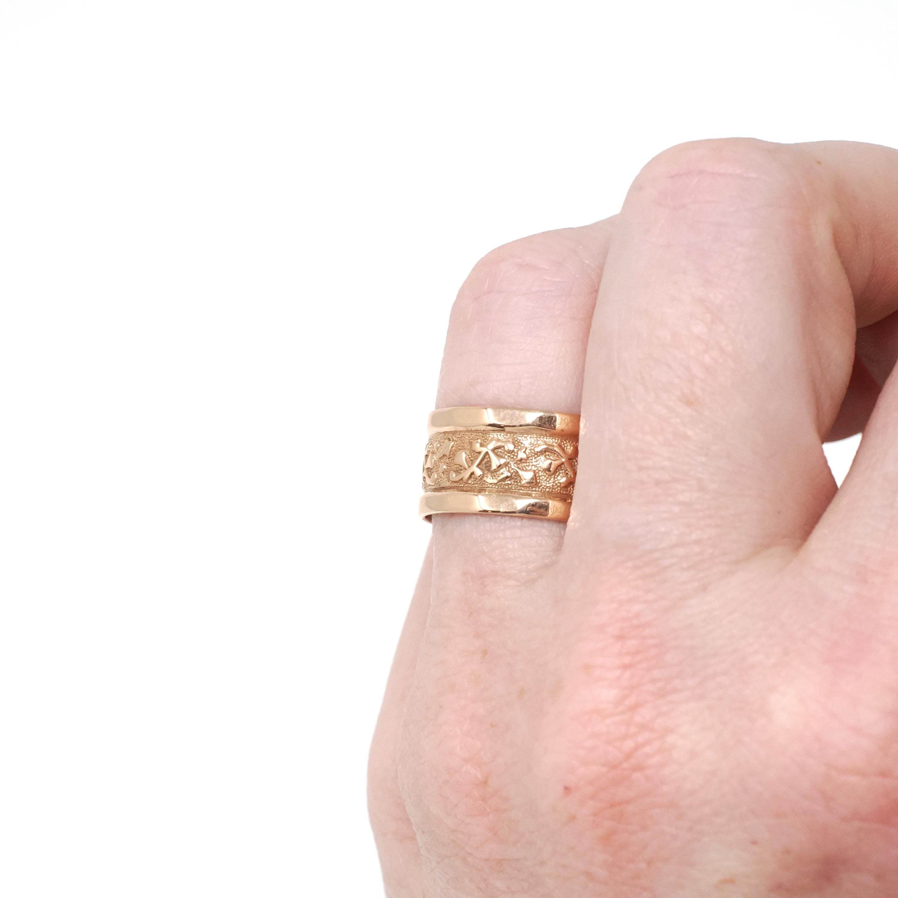 Antique Cigar Band - Edwardian 10k Rose Gold Nature Inspired Designs Wide Ring - Vintage Circa 1900s Size 6 Unisex Fine Statement Jewelry