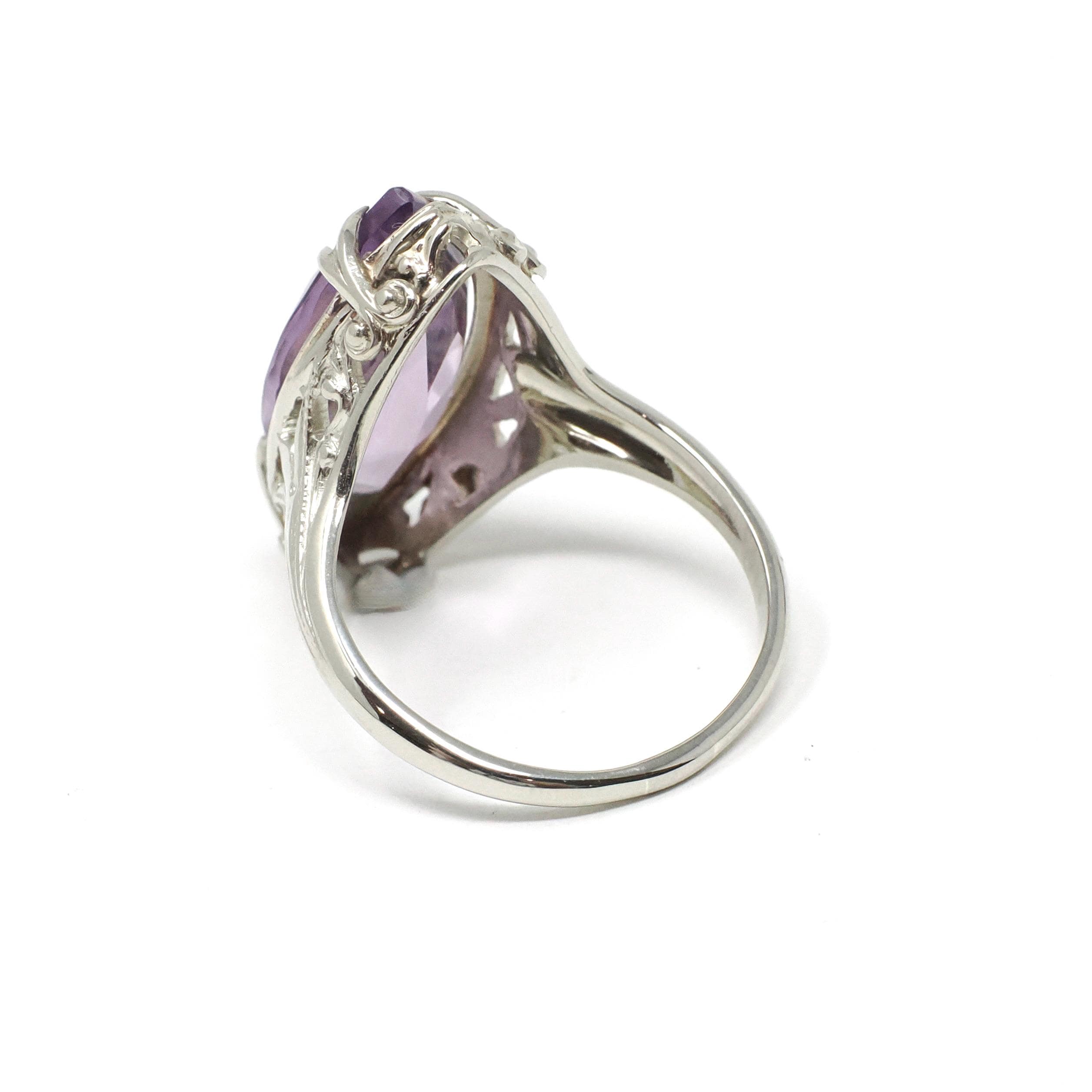 Art Deco Amethyst Ring - Vintage 14k 18k White Gold Marquise Gemstone Die Struck Filigree - Circa 1930s Era Size 6 Statement Fine Jewelry