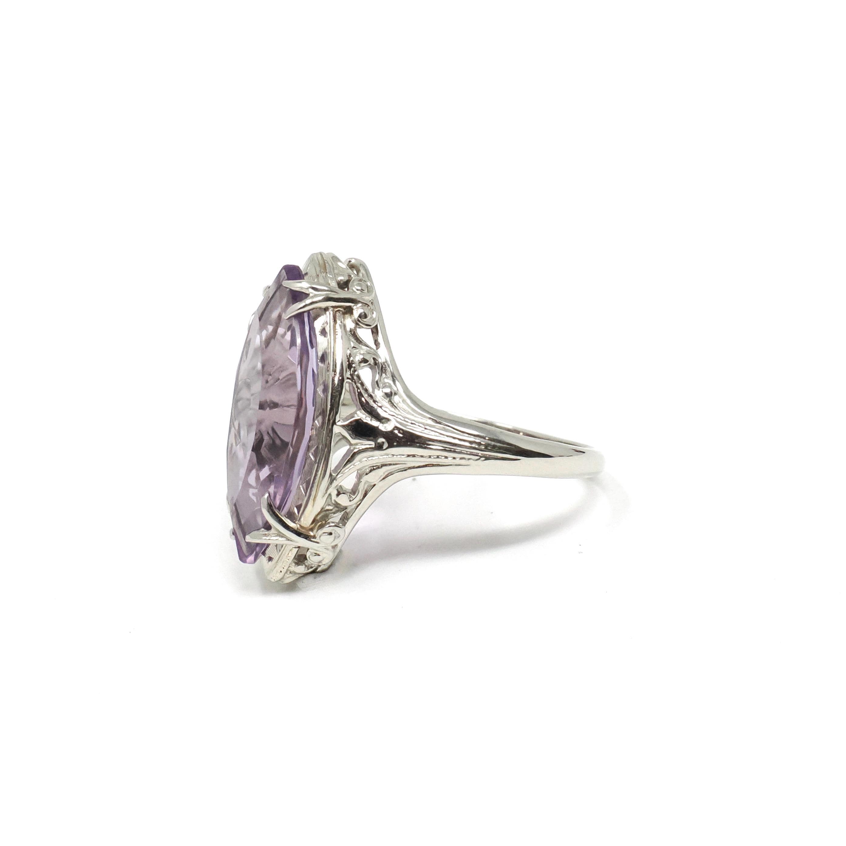Art Deco Amethyst Ring - Vintage 14k 18k White Gold Marquise Gemstone Die Struck Filigree - Circa 1930s Era Size 6 Statement Fine Jewelry