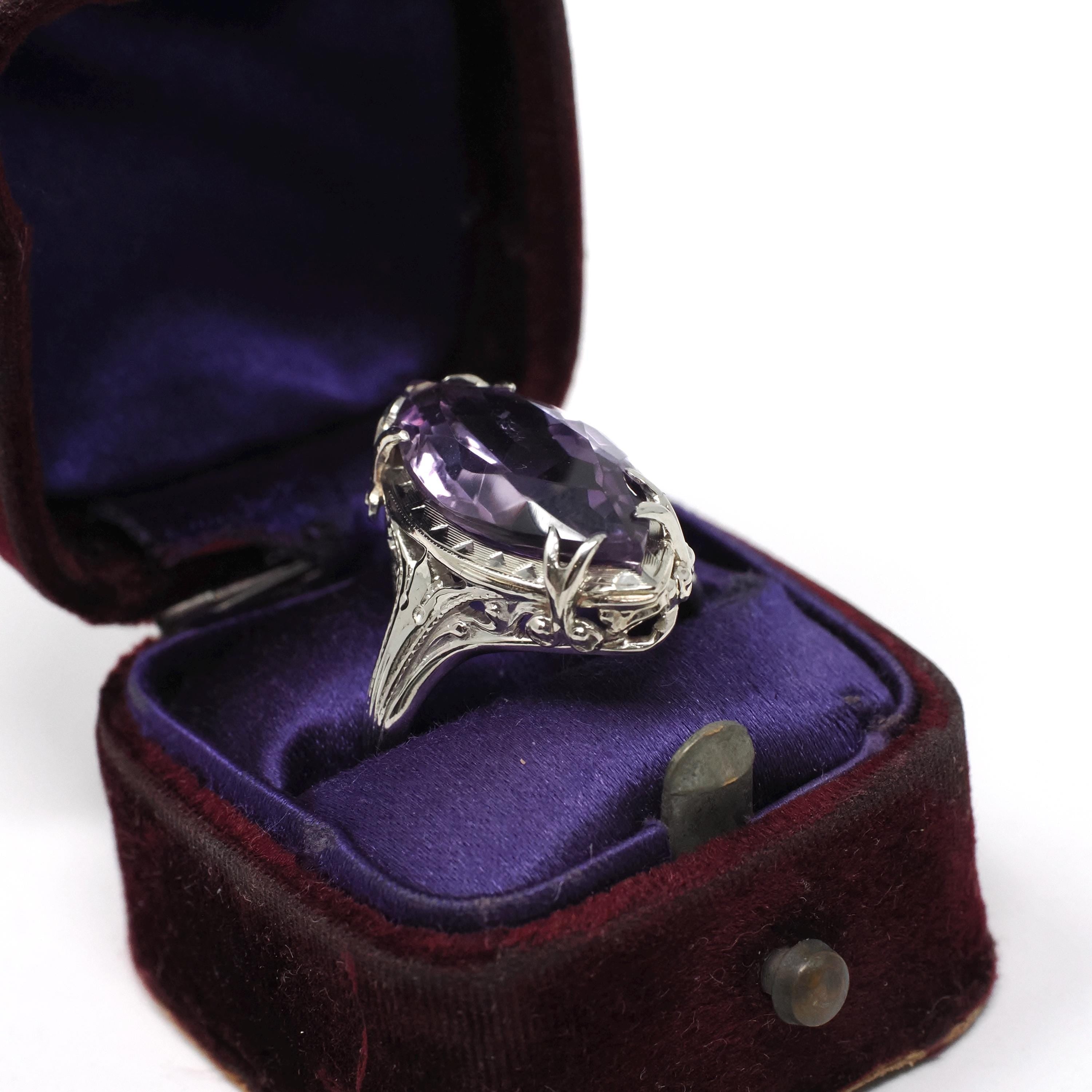 Art Deco Amethyst Ring - Vintage 14k 18k White Gold Marquise Gemstone Die Struck Filigree - Circa 1930s Era Size 6 Statement Fine Jewelry