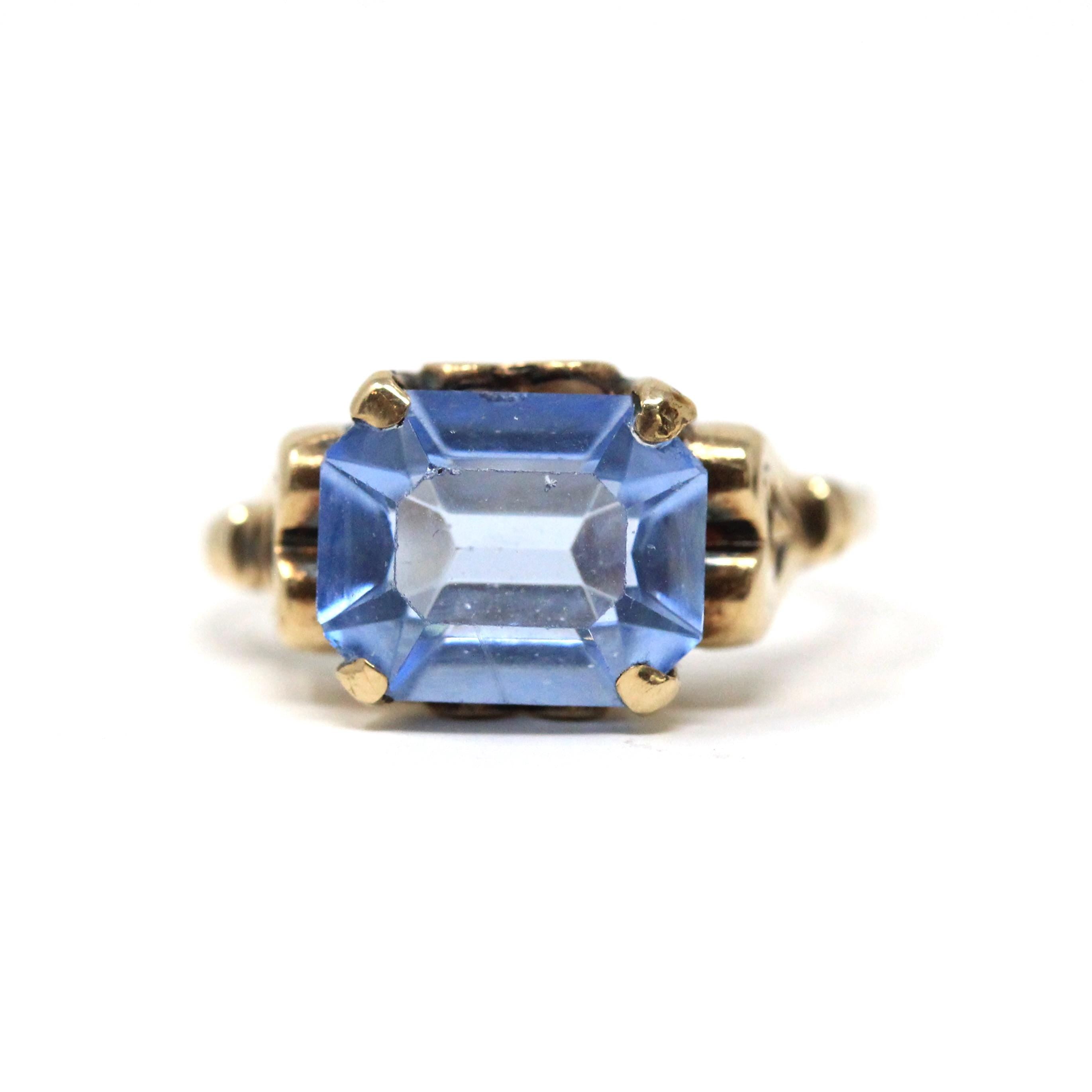 Simulated Aqua Ring - Mid Century Era 10k Yellow Gold Emerald Cut Blue Glass - Circa 1940s Size 6 1/4 Heart March Birthstone Fine Jewelry