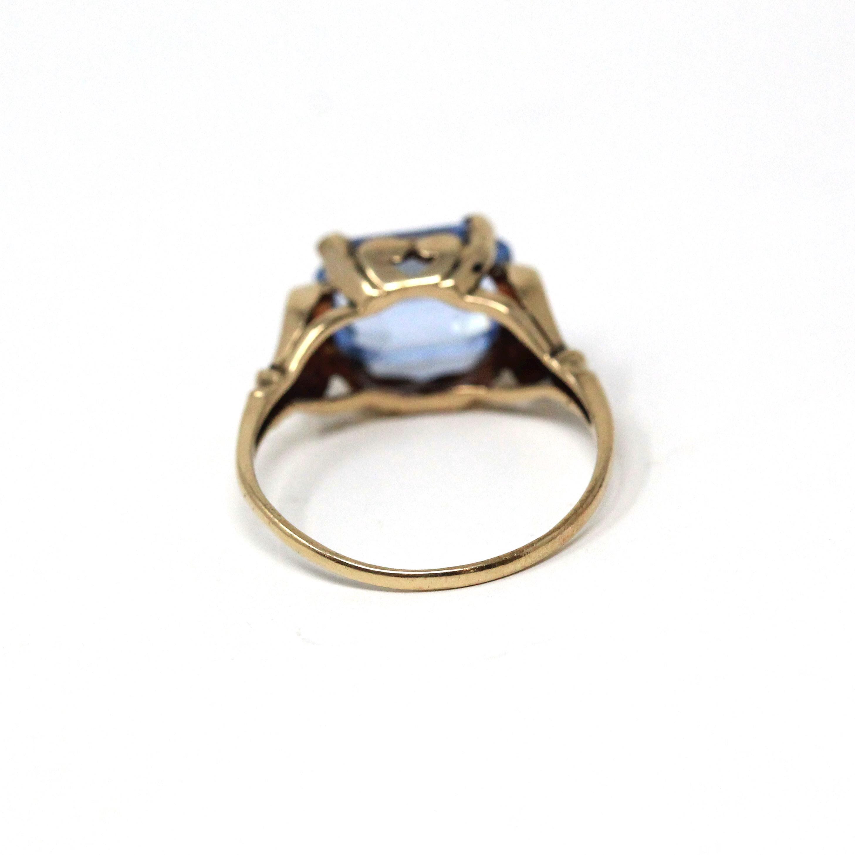 Simulated Aqua Ring - Mid Century Era 10k Yellow Gold Emerald Cut Blue Glass - Circa 1940s Size 6 1/4 Heart March Birthstone Fine Jewelry
