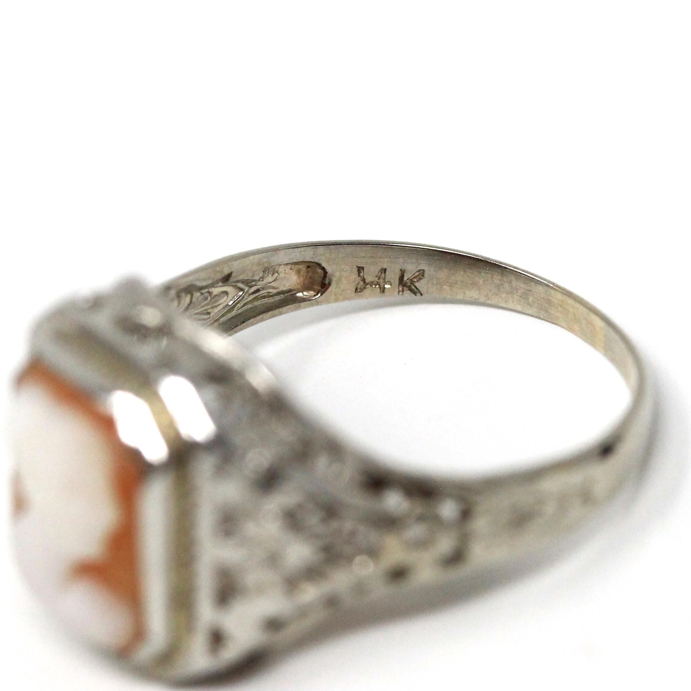 Vintage Cameo Ring - Art Deco Era 14k White Gold Statement Ring - Circa 1930s Size 6 1/4 Rectangular Carved Woman Pink Shell Fine Jewelry