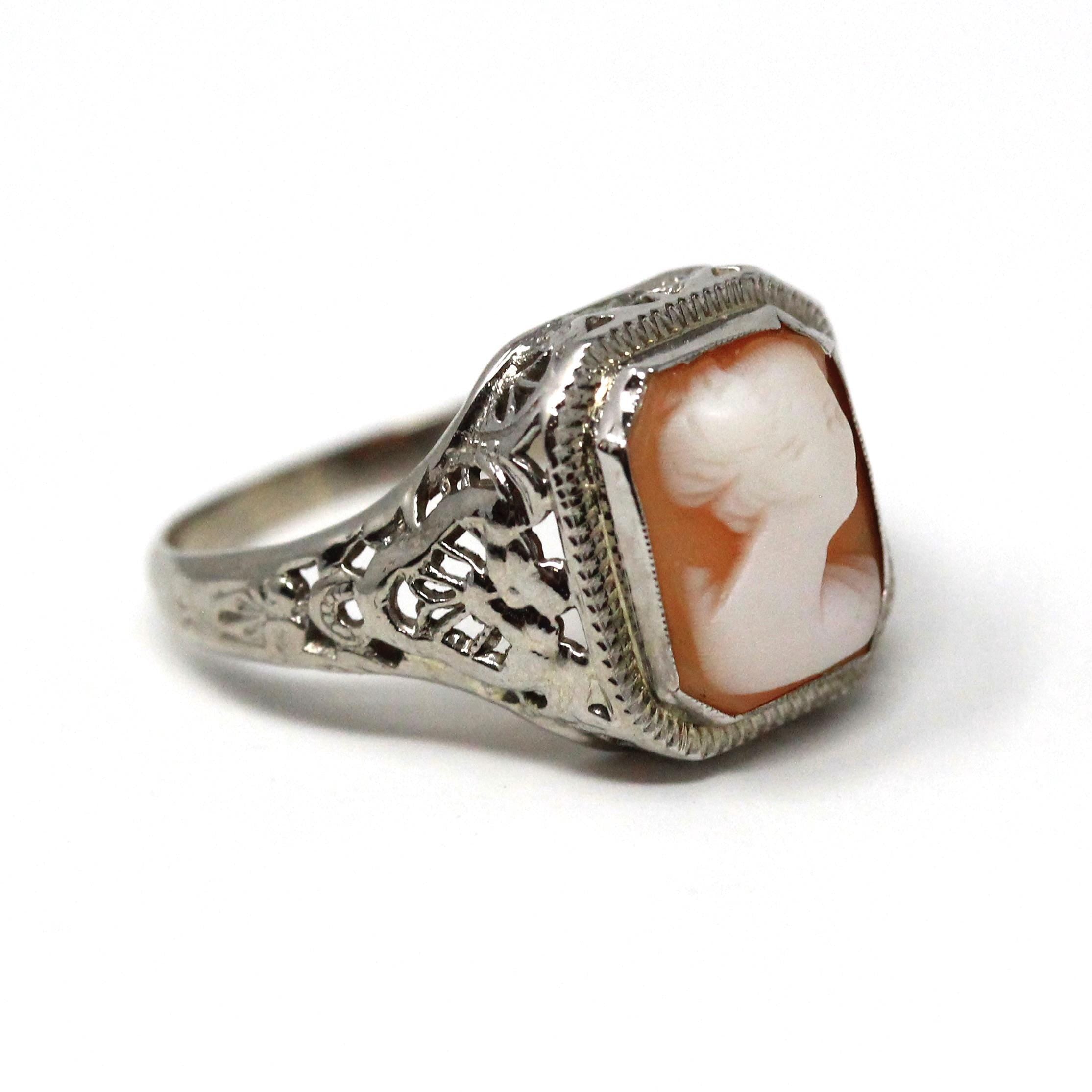 Vintage Cameo Ring - Art Deco Era 14k White Gold Statement Ring - Circa 1930s Size 6 1/4 Rectangular Carved Woman Pink Shell Fine Jewelry