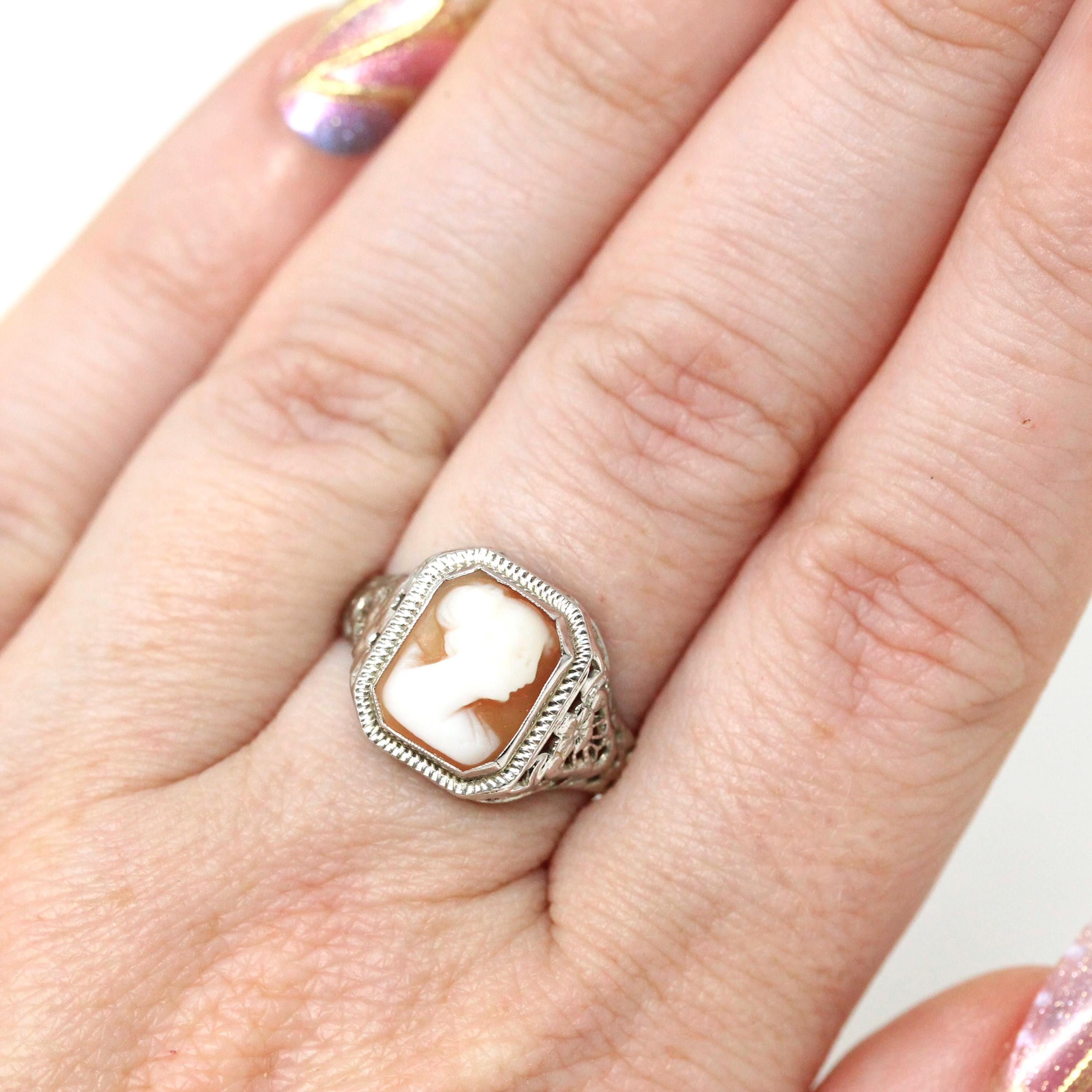 Vintage Cameo Ring - Art Deco Era 14k White Gold Statement Ring - Circa 1930s Size 6 1/4 Rectangular Carved Woman Pink Shell Fine Jewelry