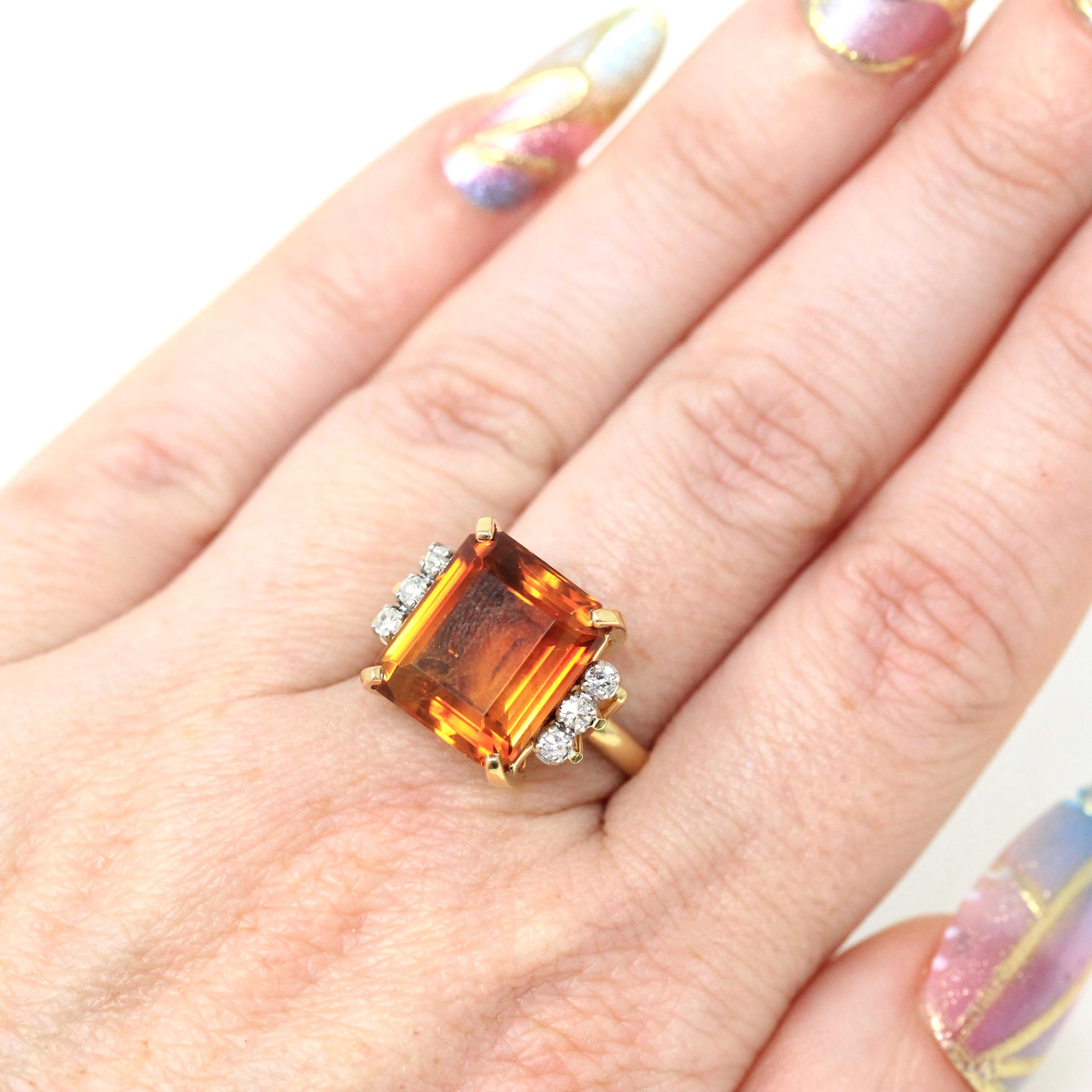 Citrine & Diamond Ring - Retro 18k Yellow Gold And Platinum Emerald Cut Orange Gem - Circa 1970s Era Size 6.5 Fine .18 CTW Statement Jewelry
