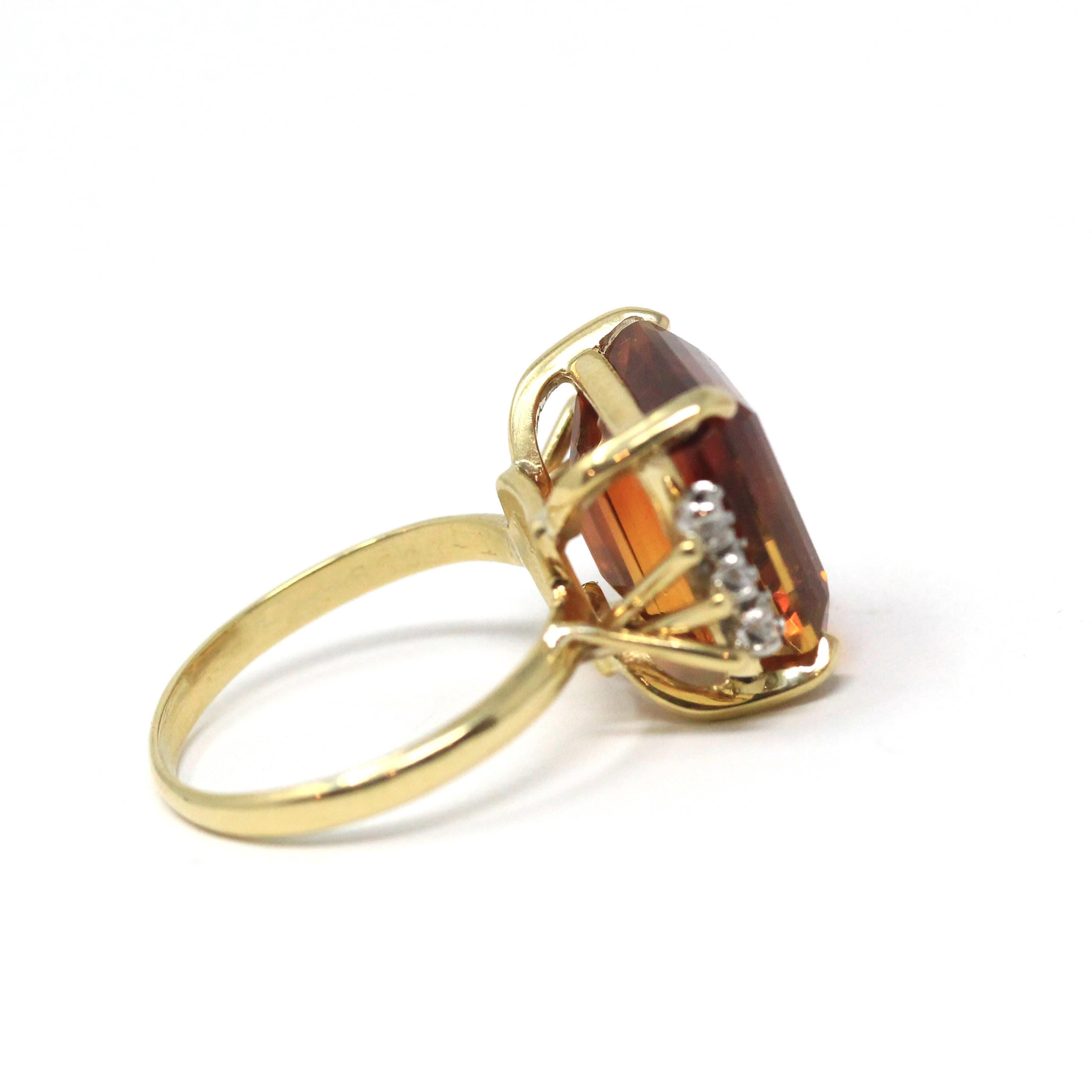 Citrine & Diamond Ring - Retro 18k Yellow Gold And Platinum Emerald Cut Orange Gem - Circa 1970s Era Size 6.5 Fine .18 CTW Statement Jewelry