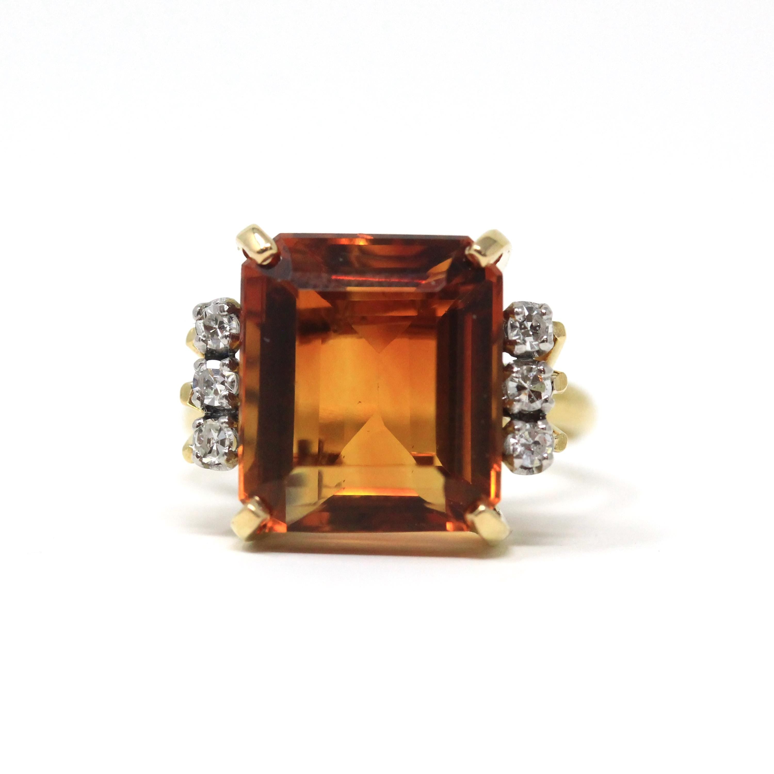 Citrine & Diamond Ring - Retro 18k Yellow Gold And Platinum Emerald Cut Orange Gem - Circa 1970s Era Size 6.5 Fine .18 CTW Statement Jewelry