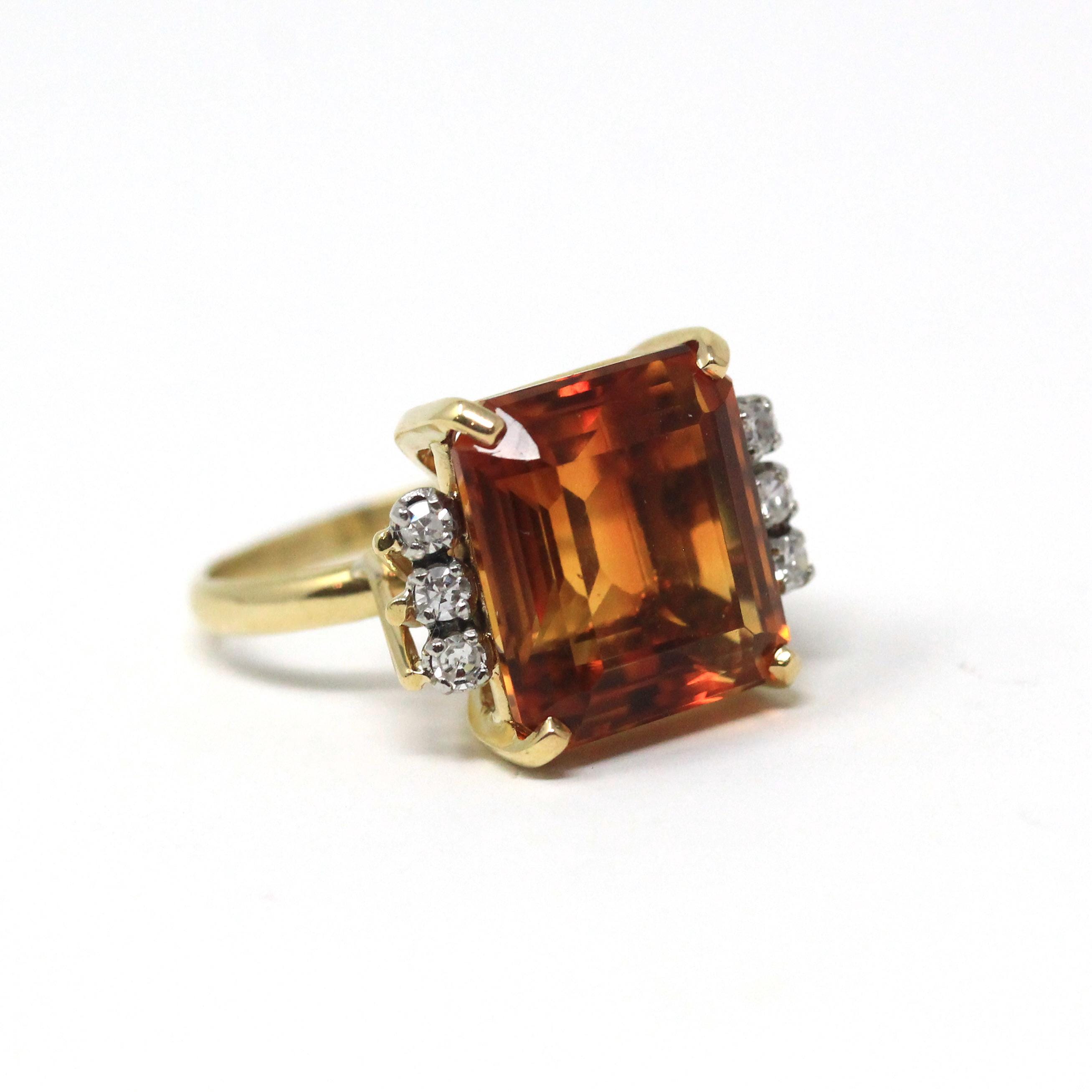Citrine & Diamond Ring - Retro 18k Yellow Gold And Platinum Emerald Cut Orange Gem - Circa 1970s Era Size 6.5 Fine .18 CTW Statement Jewelry