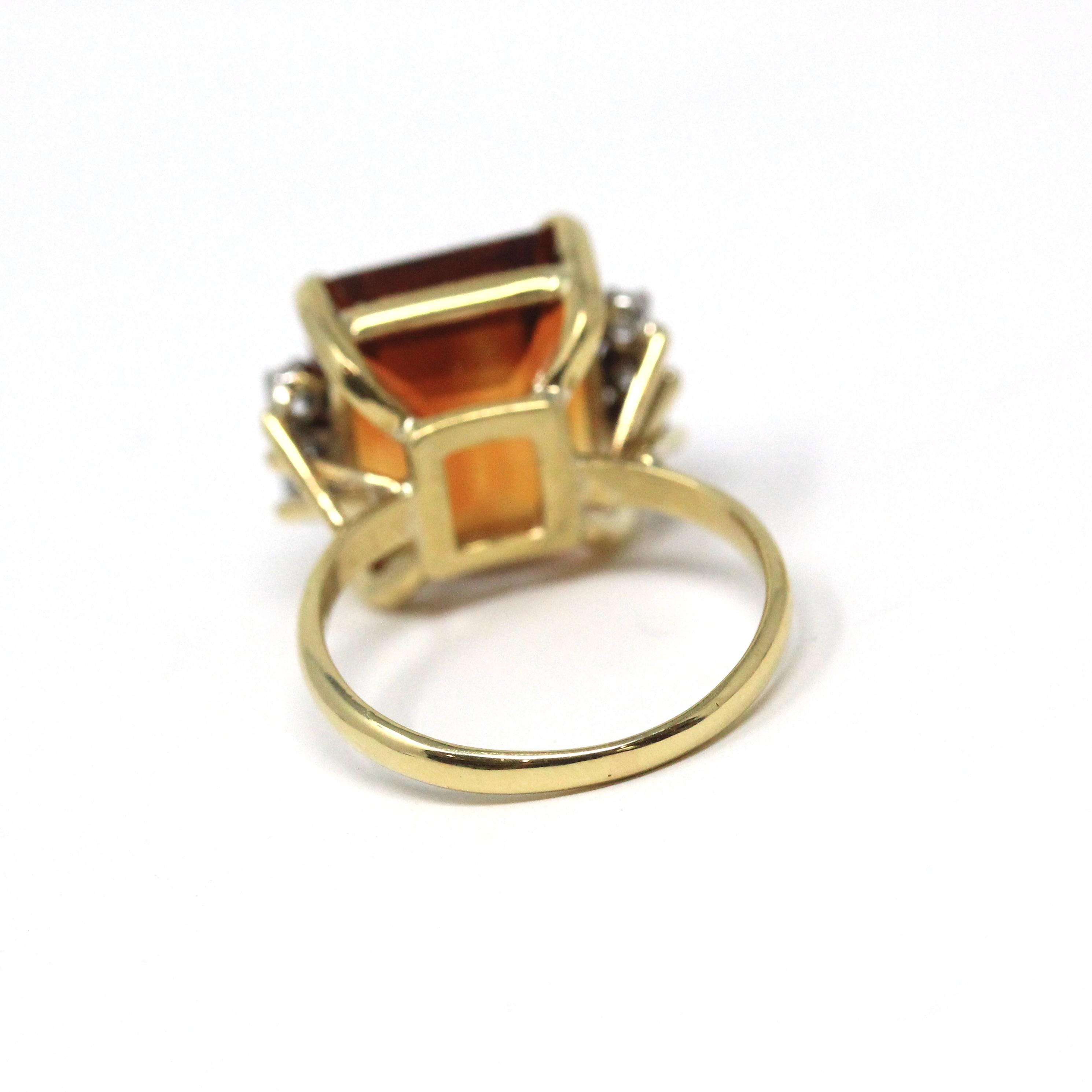 Citrine & Diamond Ring - Retro 18k Yellow Gold And Platinum Emerald Cut Orange Gem - Circa 1970s Era Size 6.5 Fine .18 CTW Statement Jewelry
