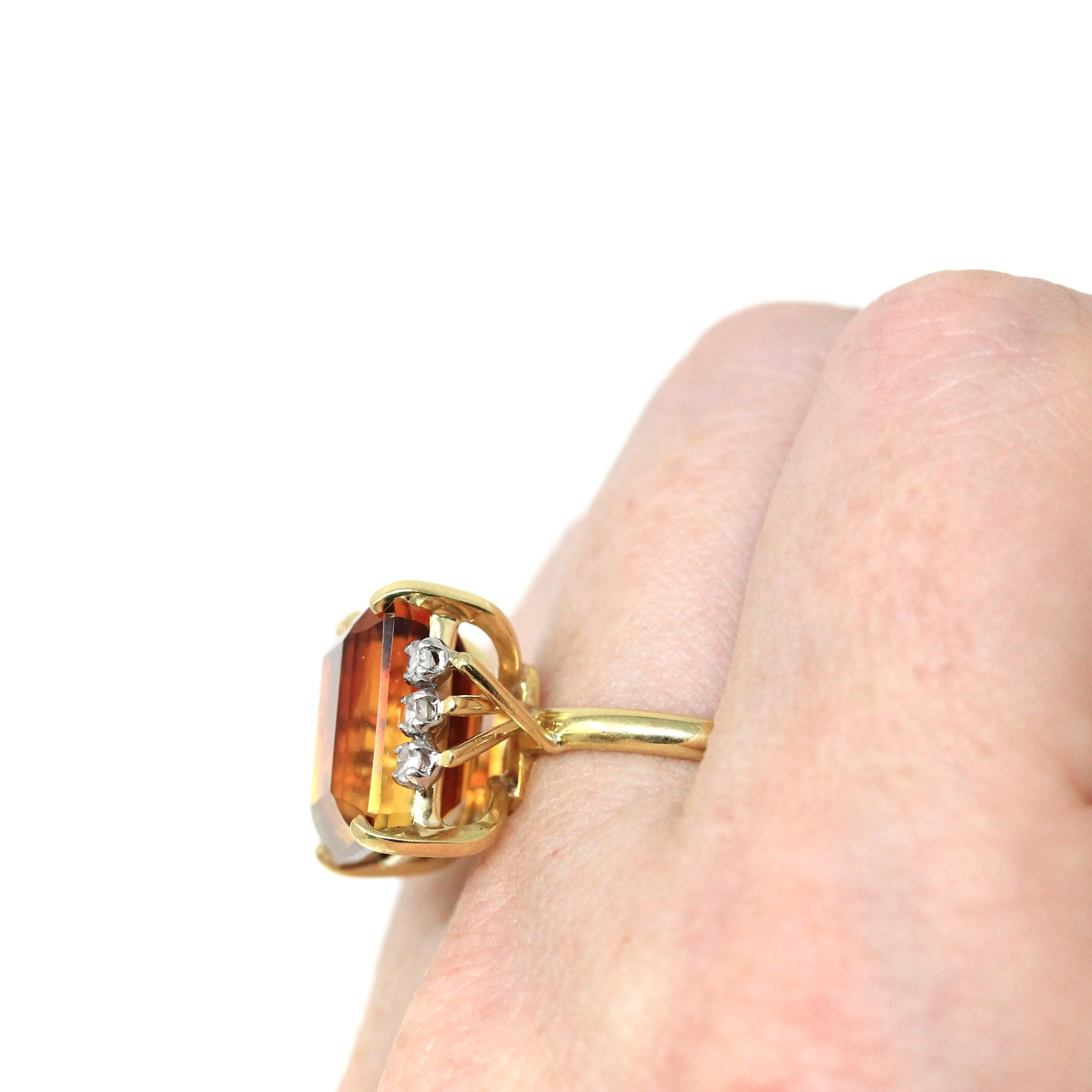 Citrine & Diamond Ring - Retro 18k Yellow Gold And Platinum Emerald Cut Orange Gem - Circa 1970s Era Size 6.5 Fine .18 CTW Statement Jewelry