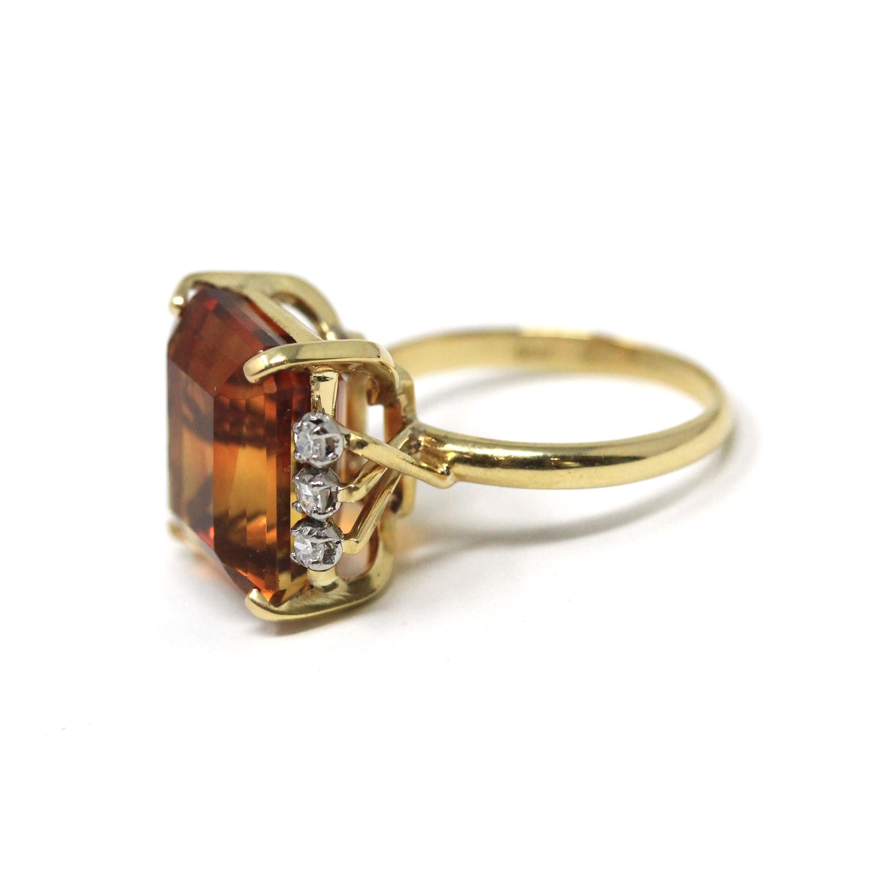 Citrine & Diamond Ring - Retro 18k Yellow Gold And Platinum Emerald Cut Orange Gem - Circa 1970s Era Size 6.5 Fine .18 CTW Statement Jewelry