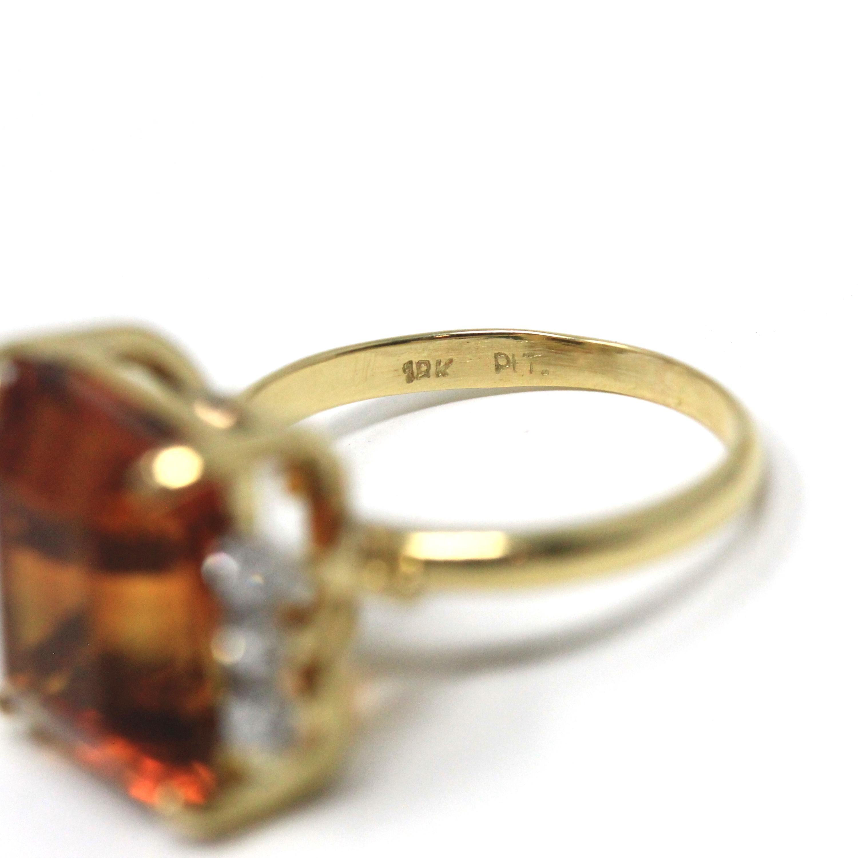 Citrine & Diamond Ring - Retro 18k Yellow Gold And Platinum Emerald Cut Orange Gem - Circa 1970s Era Size 6.5 Fine .18 CTW Statement Jewelry