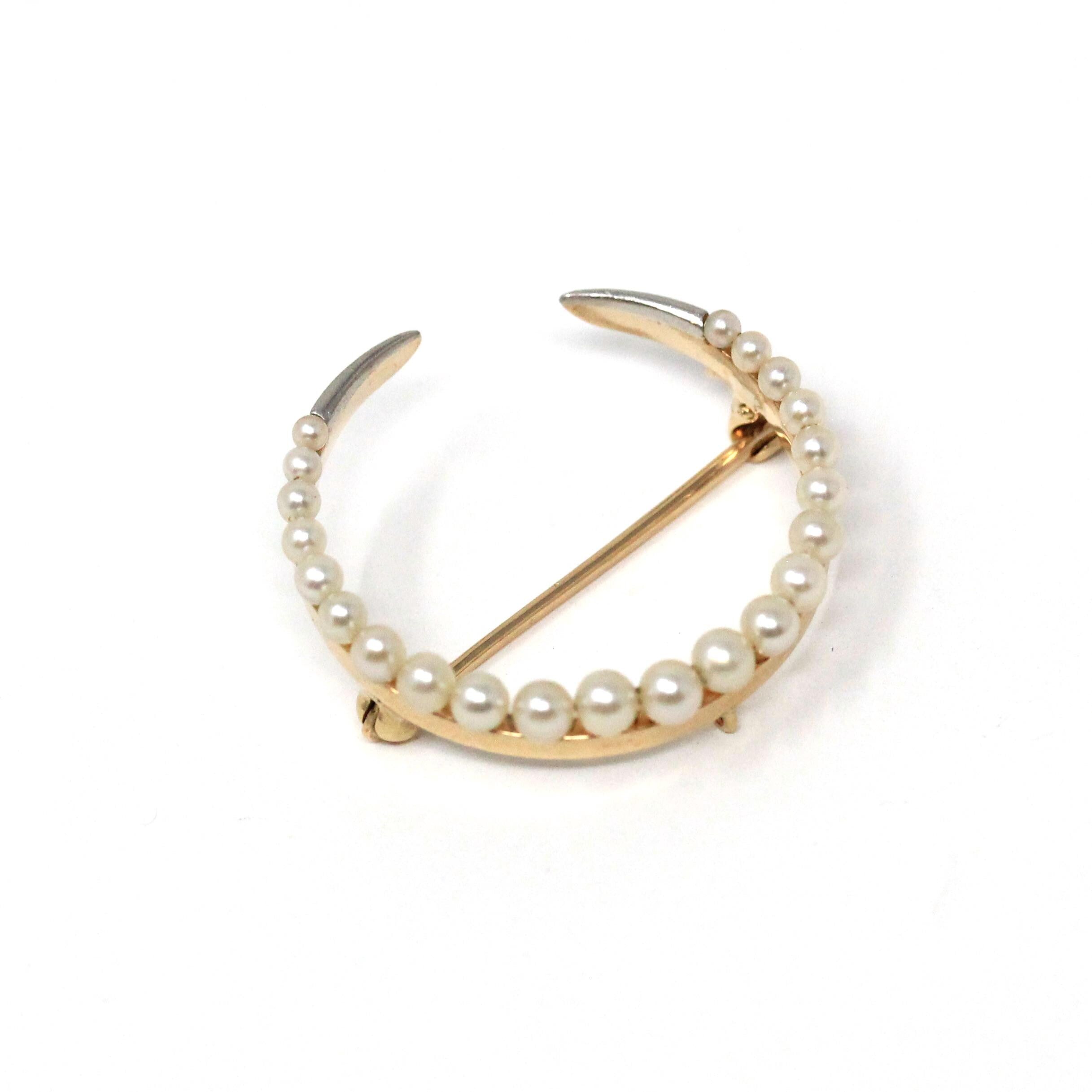 Antique Moon Brooch - Edwardian 14k Yellow Gold Natural Seed Pearl Gemstones - Vintage Circa 1910s Crescent Celestial Pin Fine Jewelry