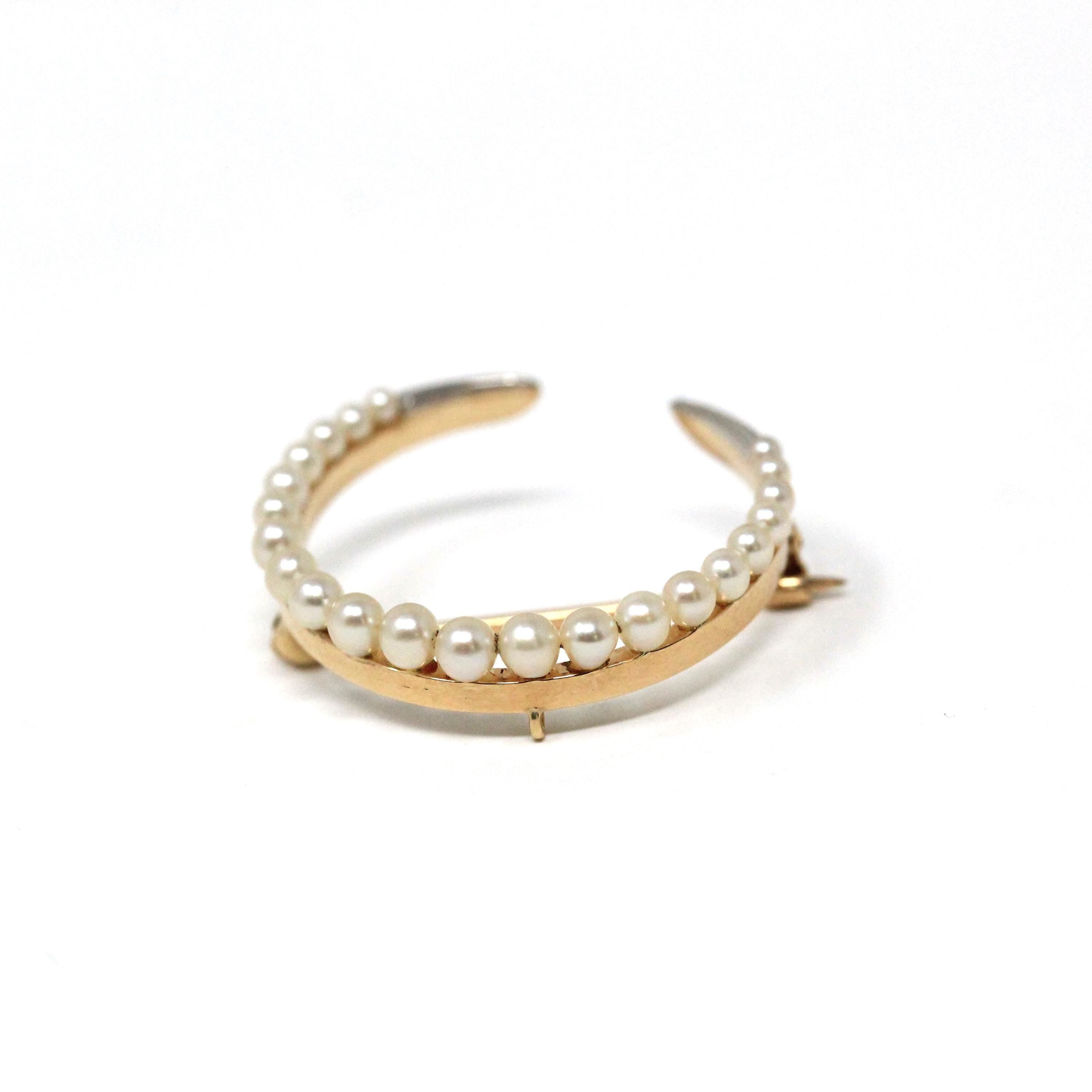 Antique Moon Brooch - Edwardian 14k Yellow Gold Natural Seed Pearl Gemstones - Vintage Circa 1910s Crescent Celestial Pin Fine Jewelry